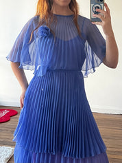 60s Indigo Blue Pleated Chiffon Dress