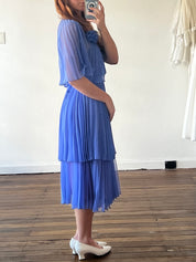60s Indigo Blue Pleated Chiffon Dress