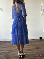 60s Indigo Blue Pleated Chiffon Dress