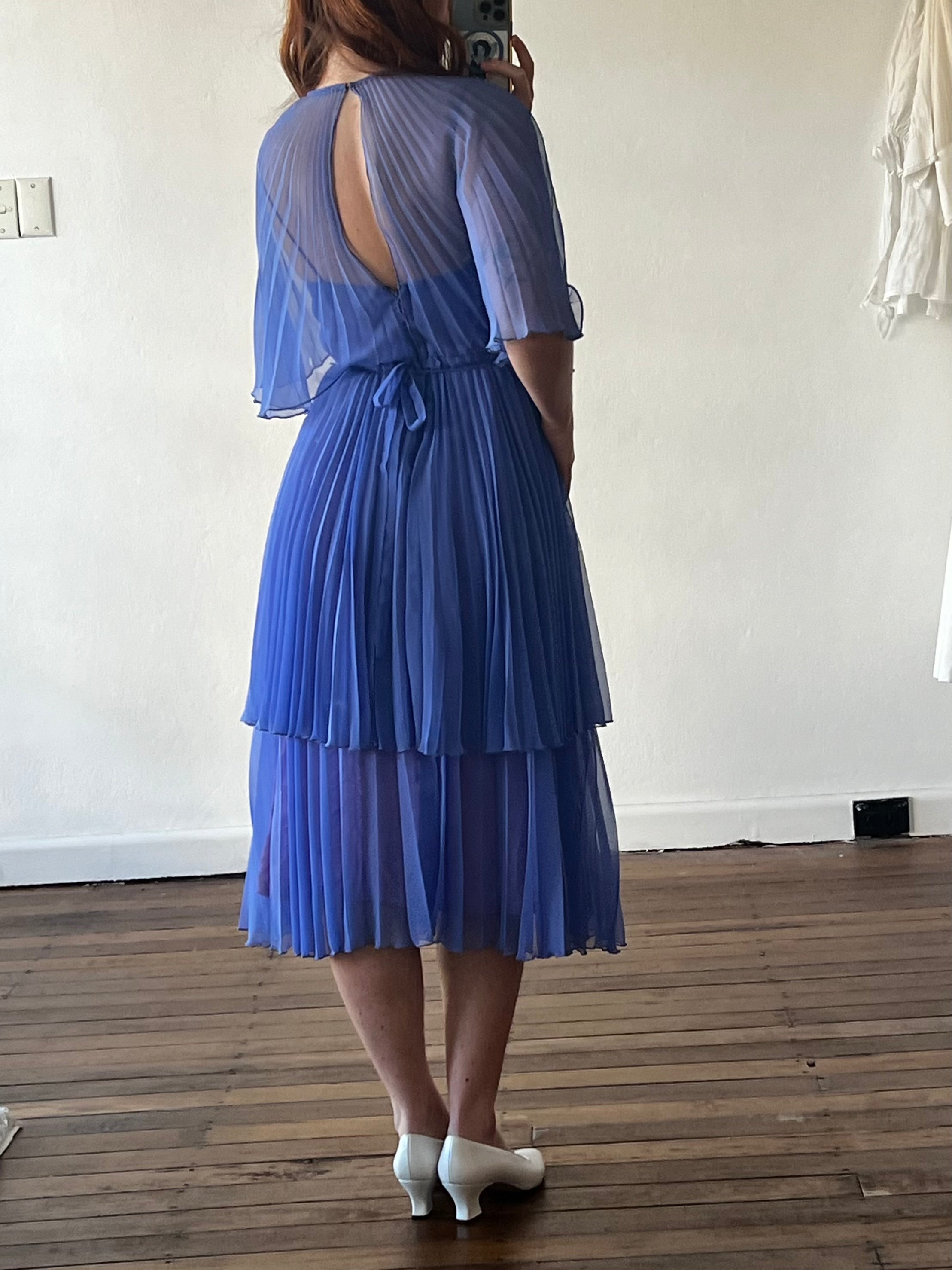 60s Indigo Blue Pleated Chiffon Dress