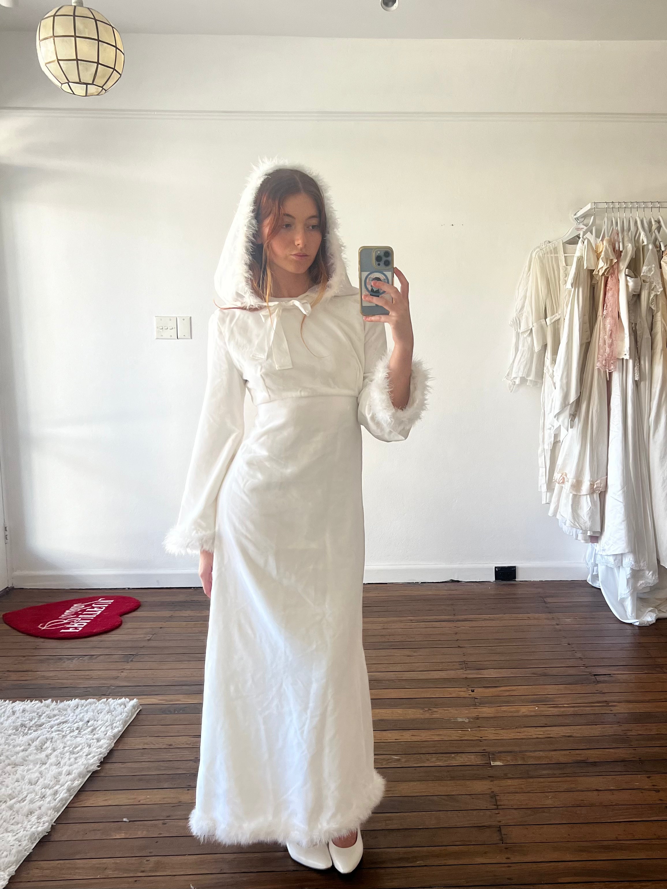 60s Feather Trim Velvet Dress and Hood