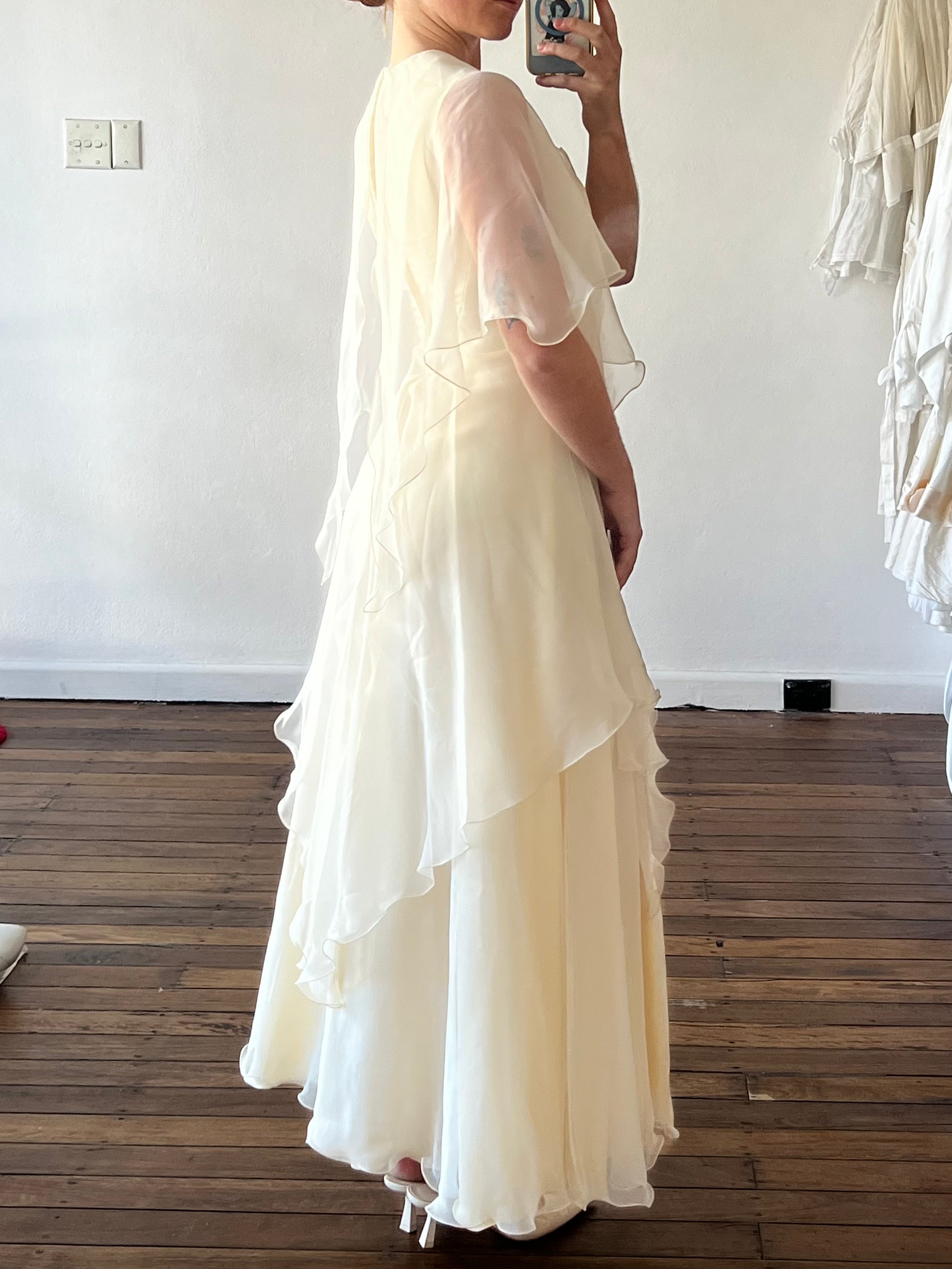 1975 Franke Stuart Tiered Chiffon Butterfly Sleeve Dress