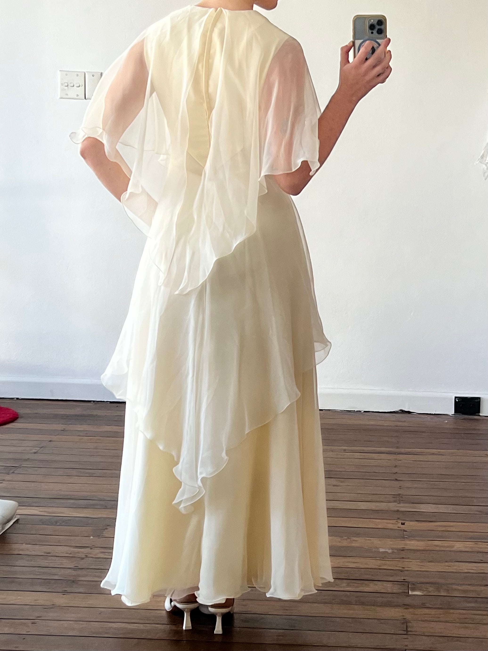 1975 Franke Stuart Tiered Chiffon Butterfly Sleeve Dress