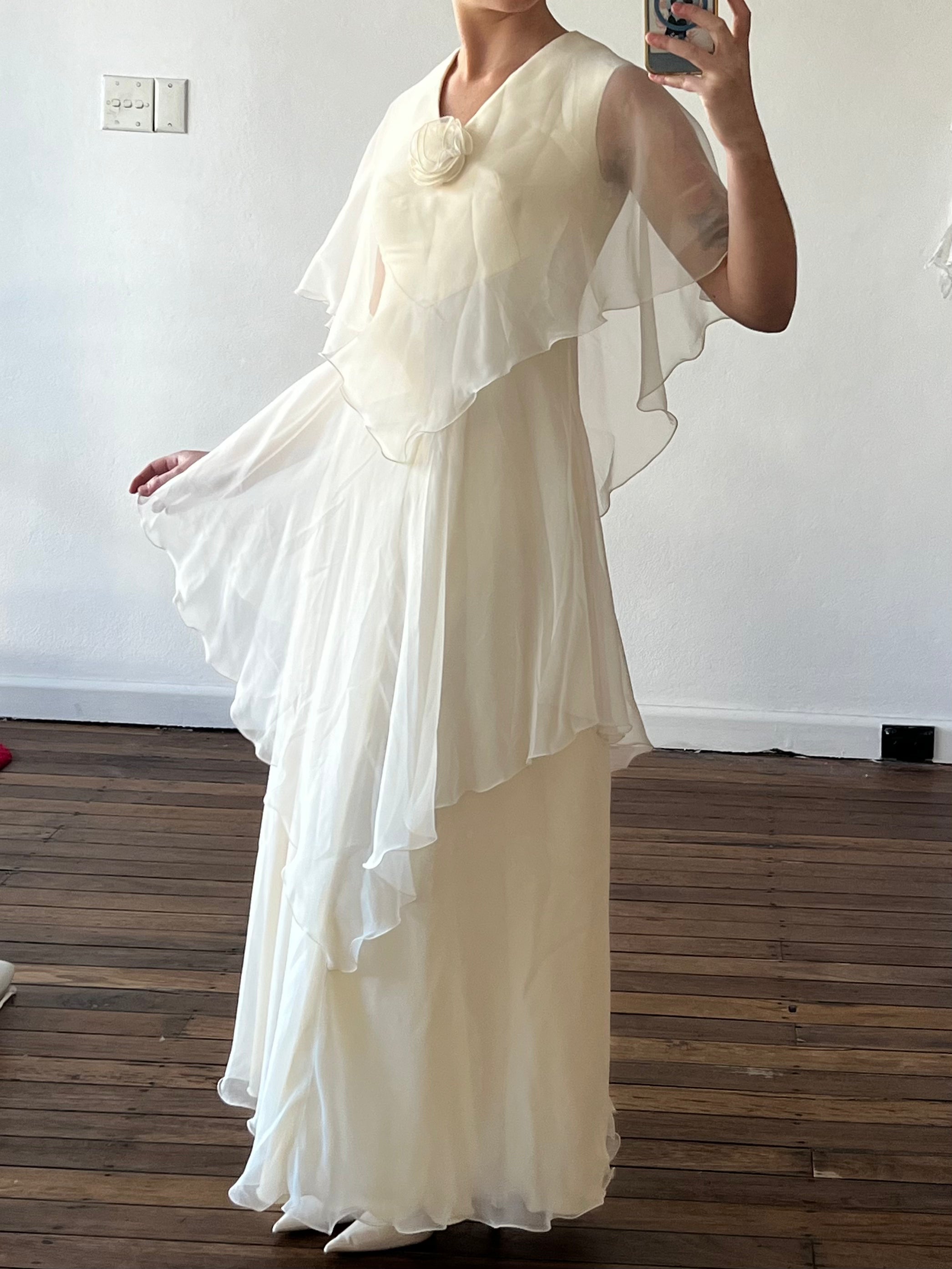 1975 Franke Stuart Tiered Chiffon Butterfly Sleeve Dress