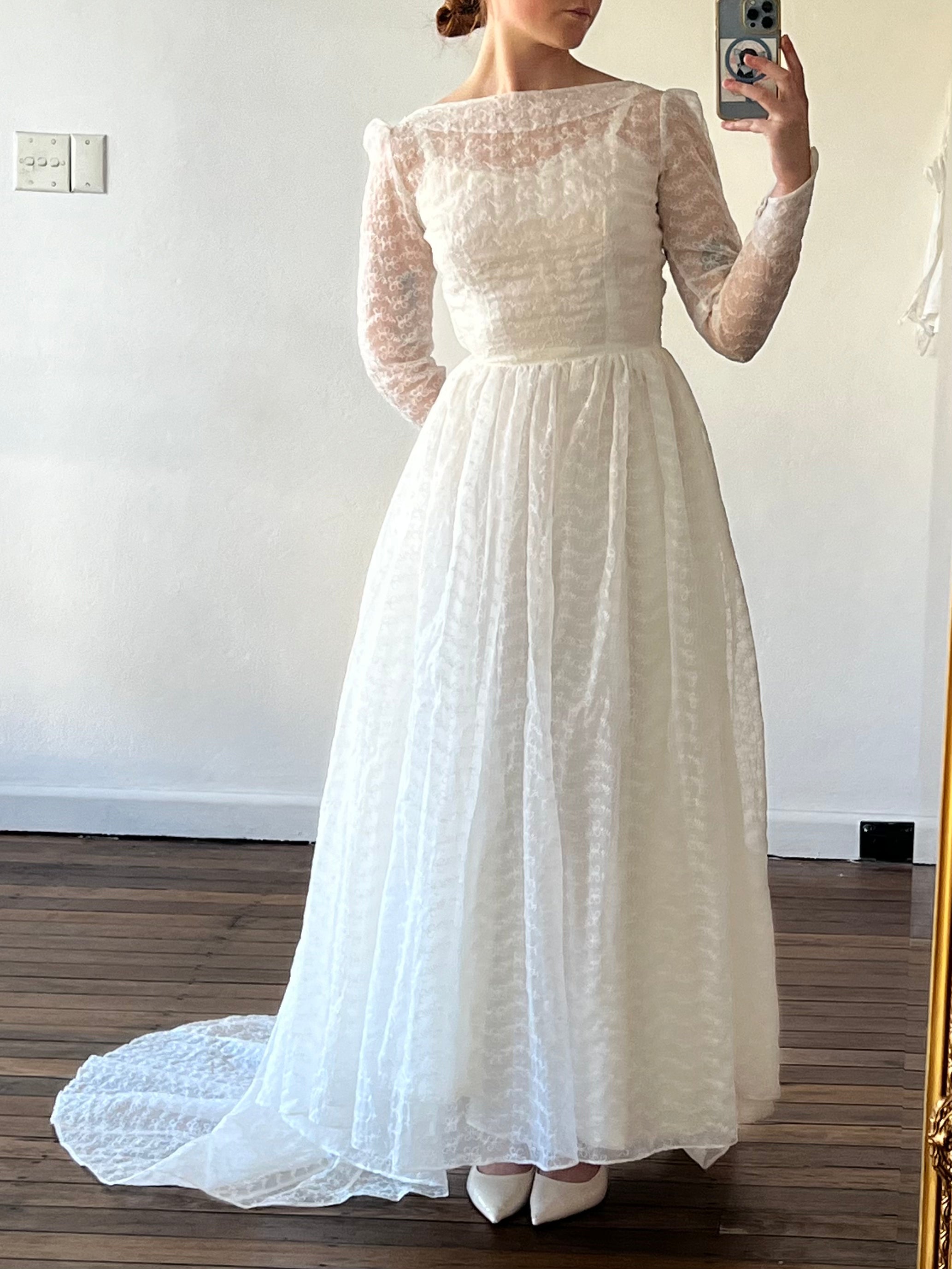 40s Embroidered Organza Boat-neck Dress