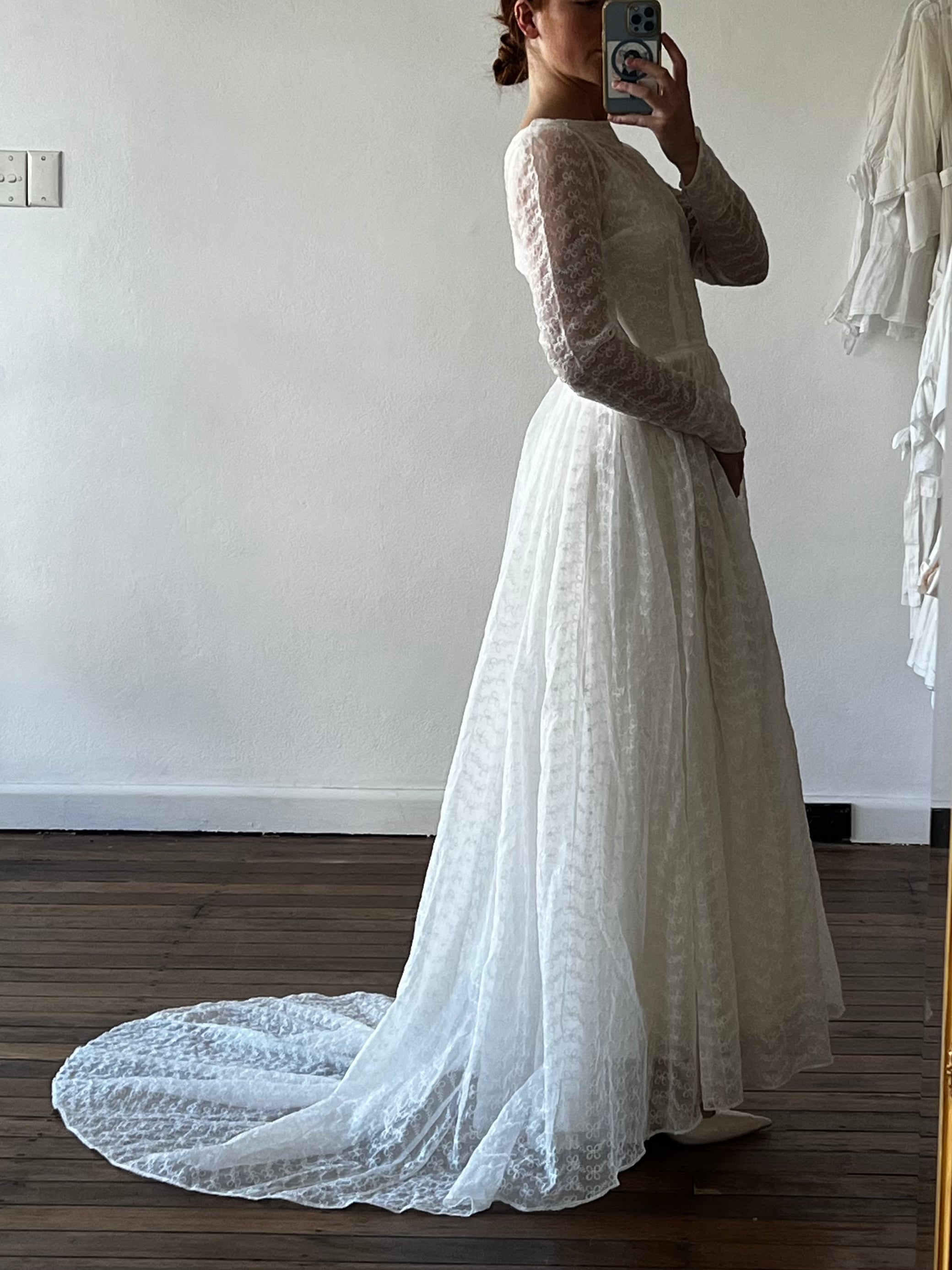 40s Embroidered Organza Boat-neck Dress