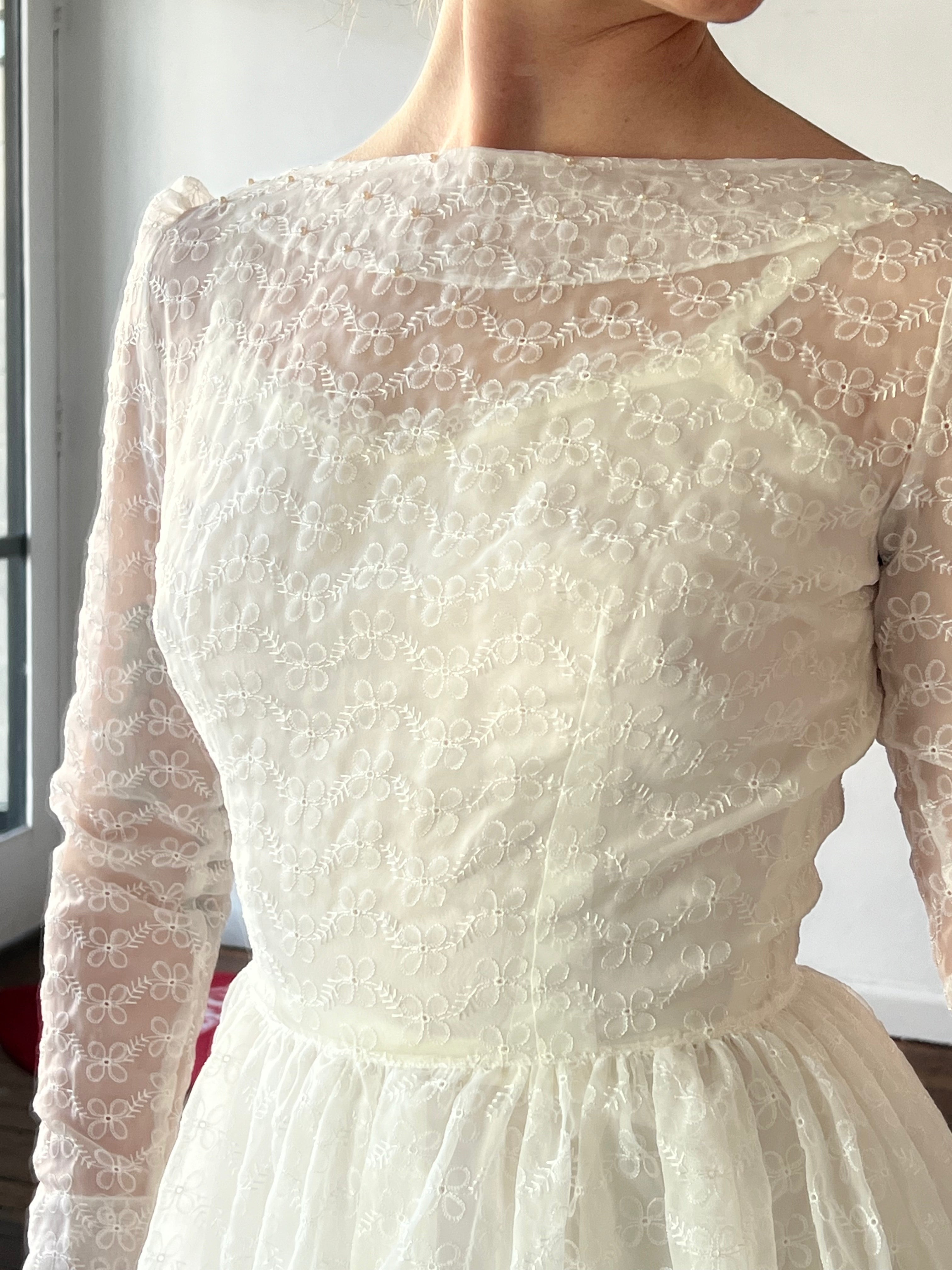 40s Embroidered Organza Boat-neck Dress