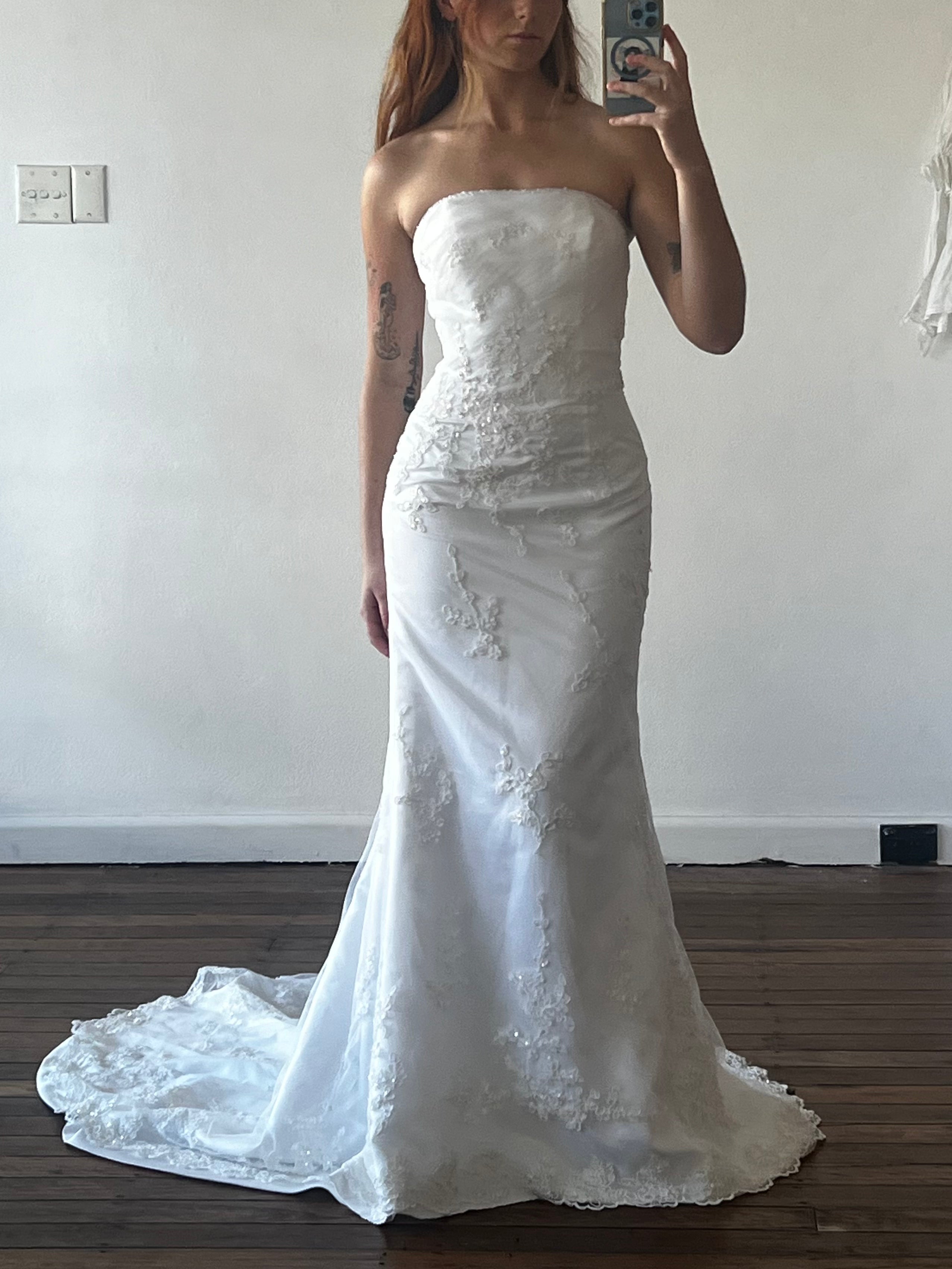 90s Beaded Lace Appliqué Strapless Dress