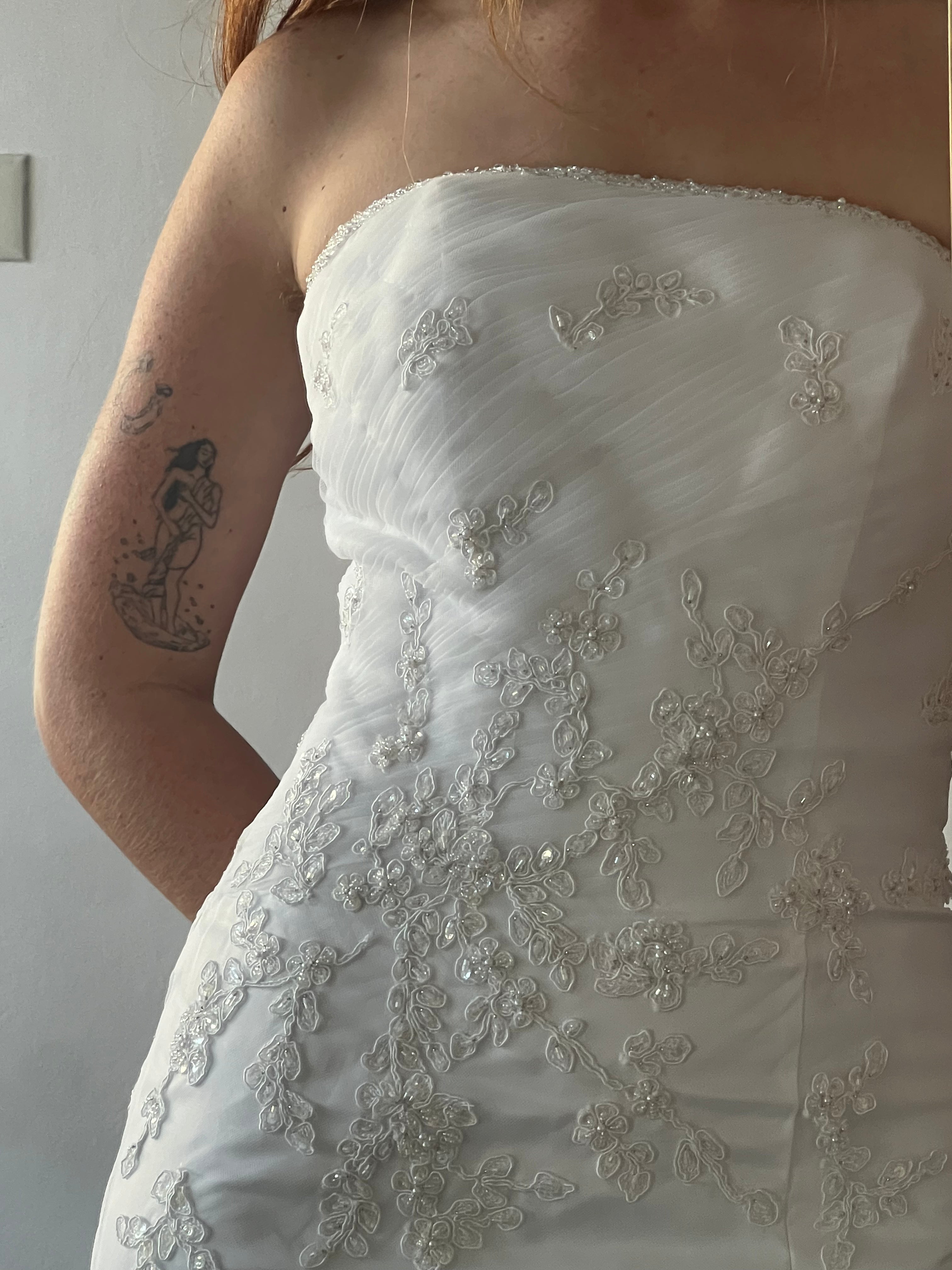 90s Beaded Lace Appliqué Strapless Dress