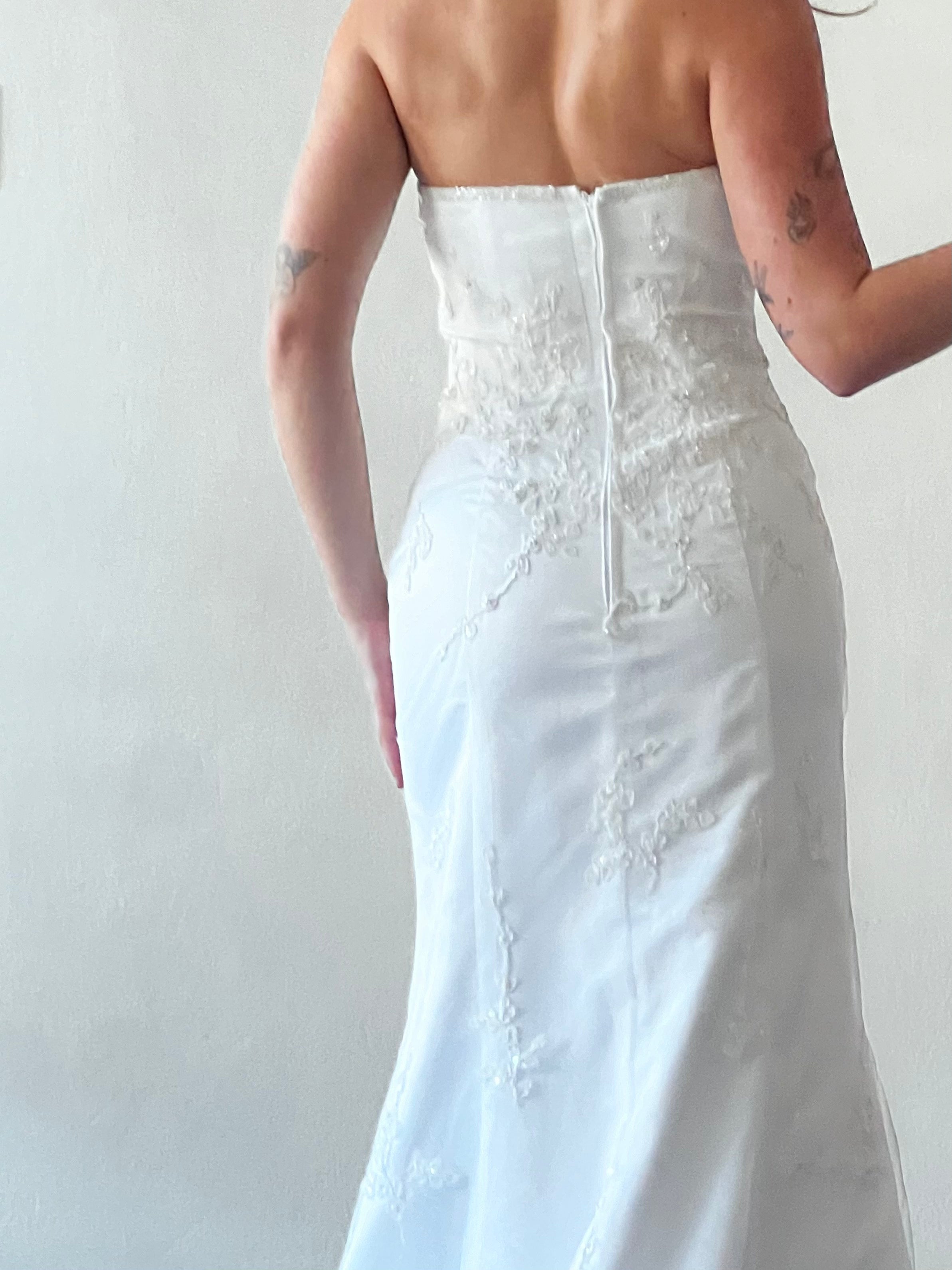 90s Beaded Lace Appliqué Strapless Dress