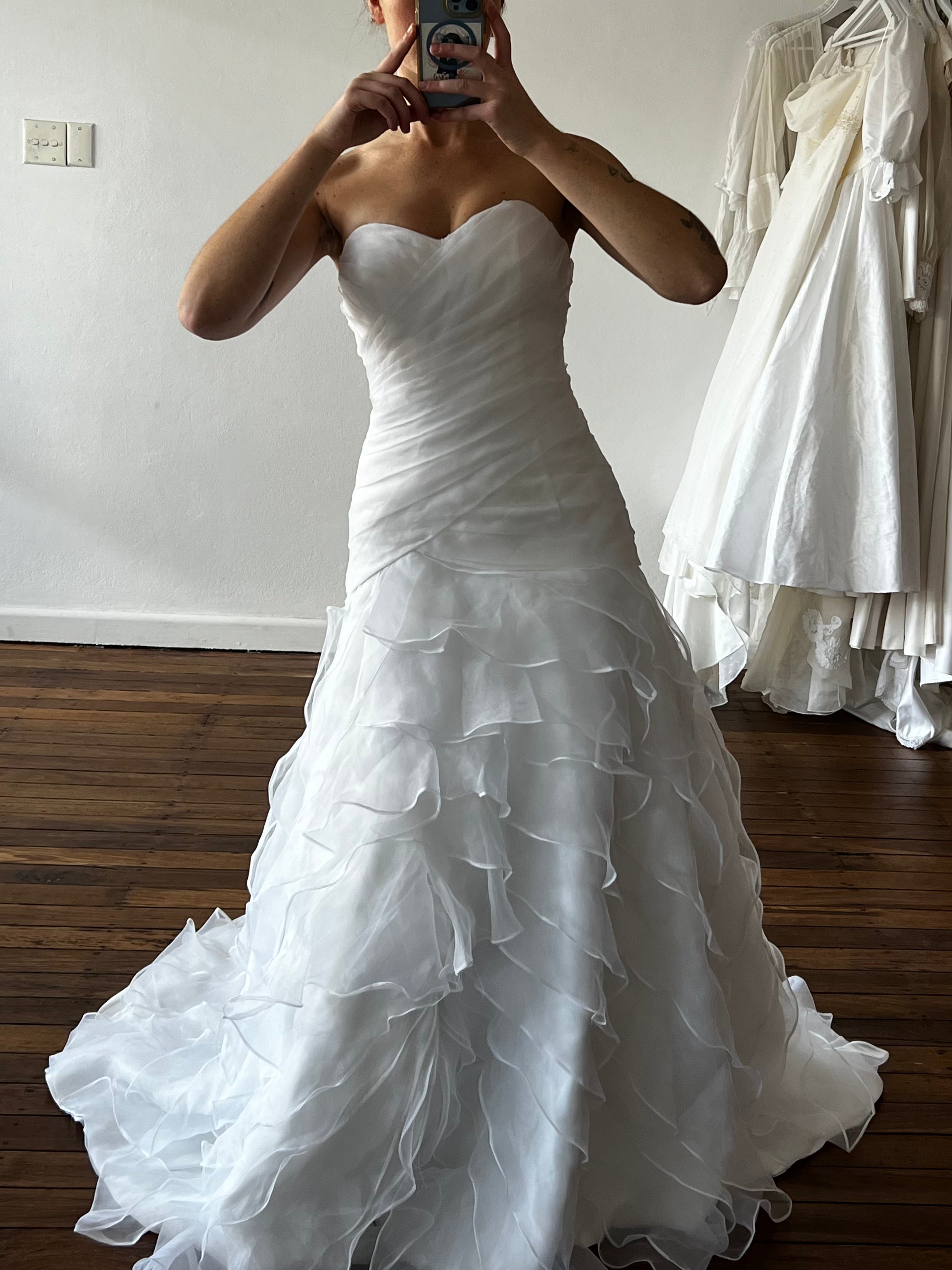 2000s Strapless Drop Waist Tiered Organza Dress