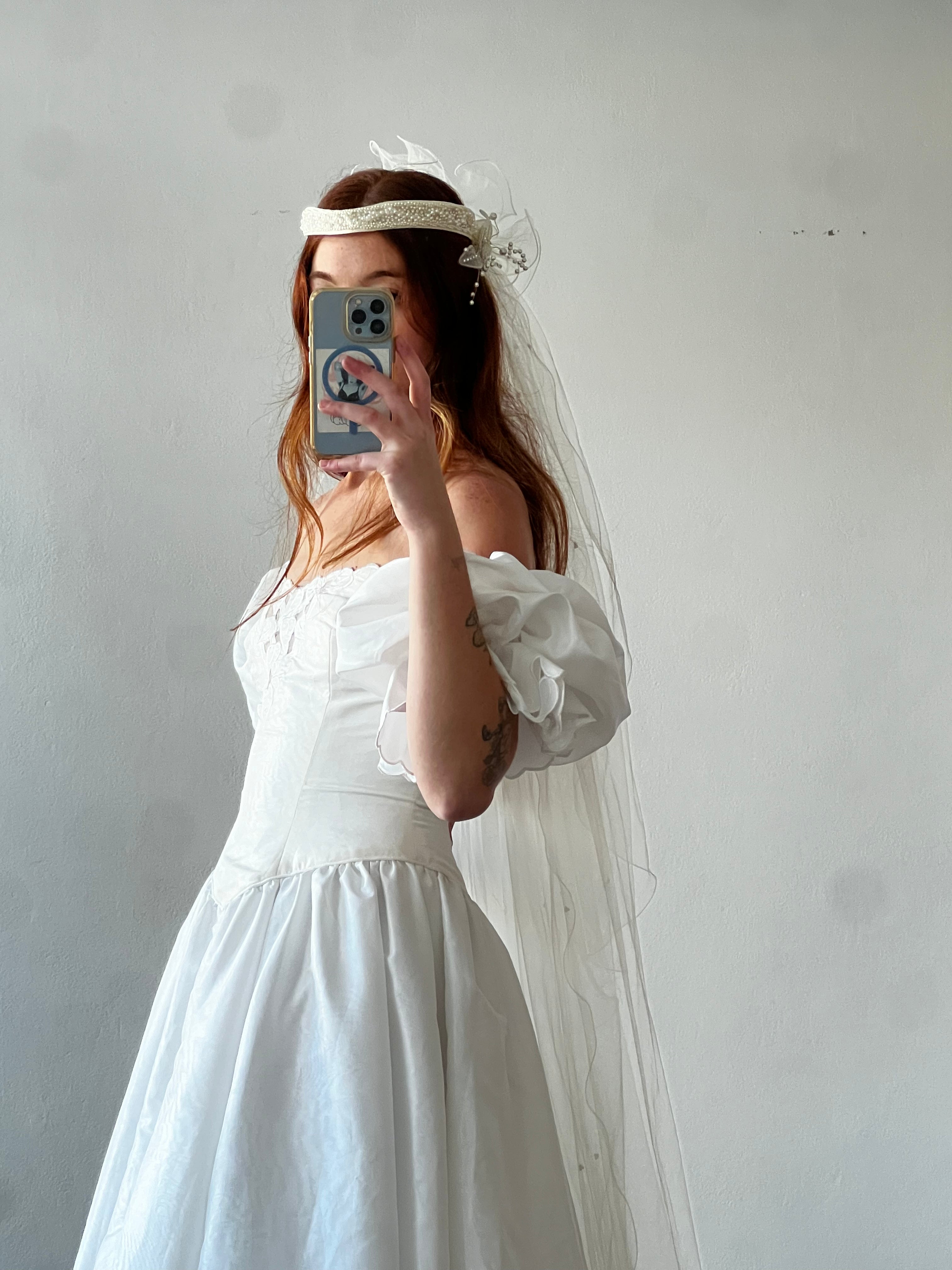 80s Adorned Headpiece Cathedral Veil with Fingertip Blusher