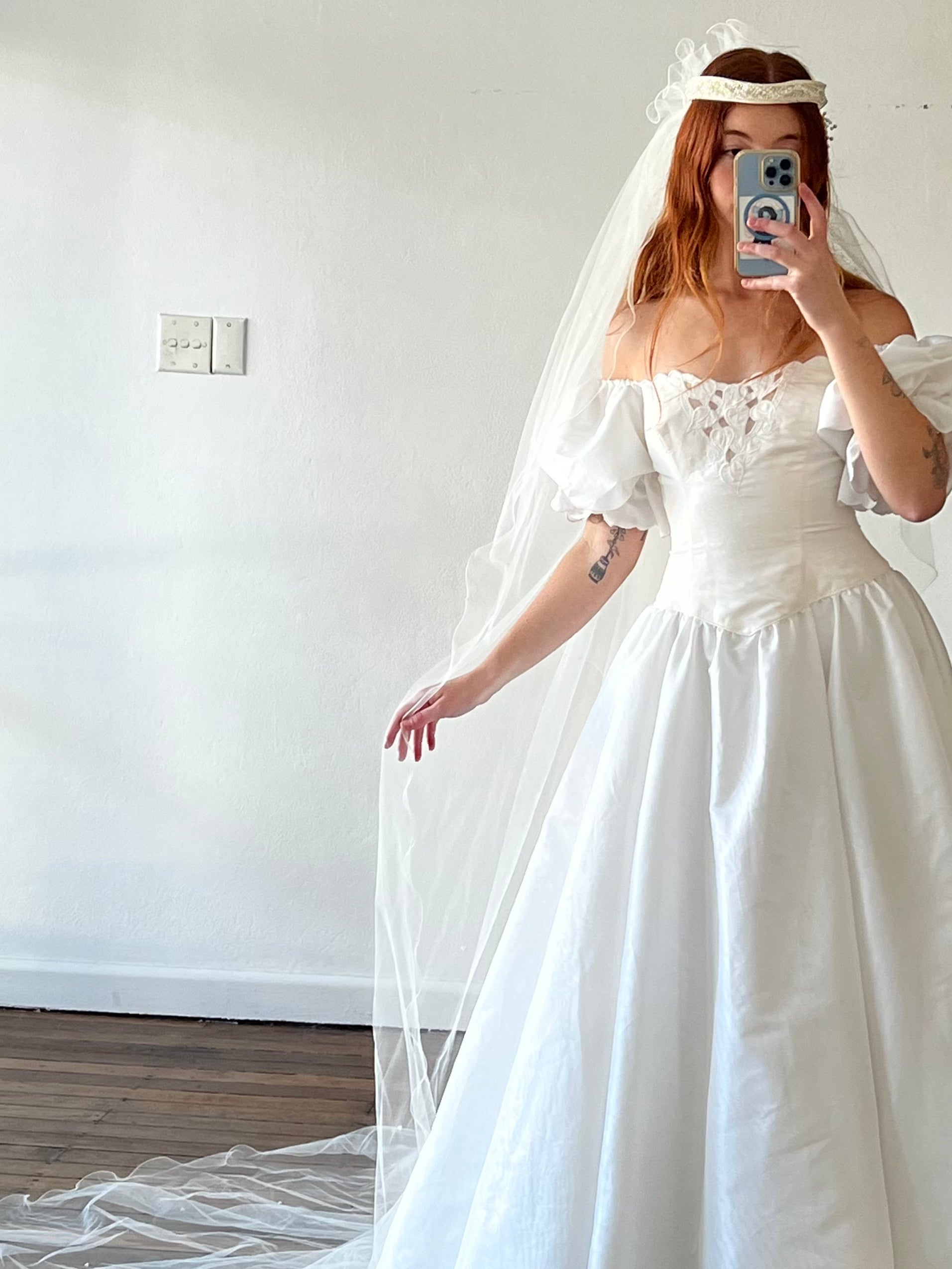 80s Adorned Headpiece Cathedral Veil with Fingertip Blusher