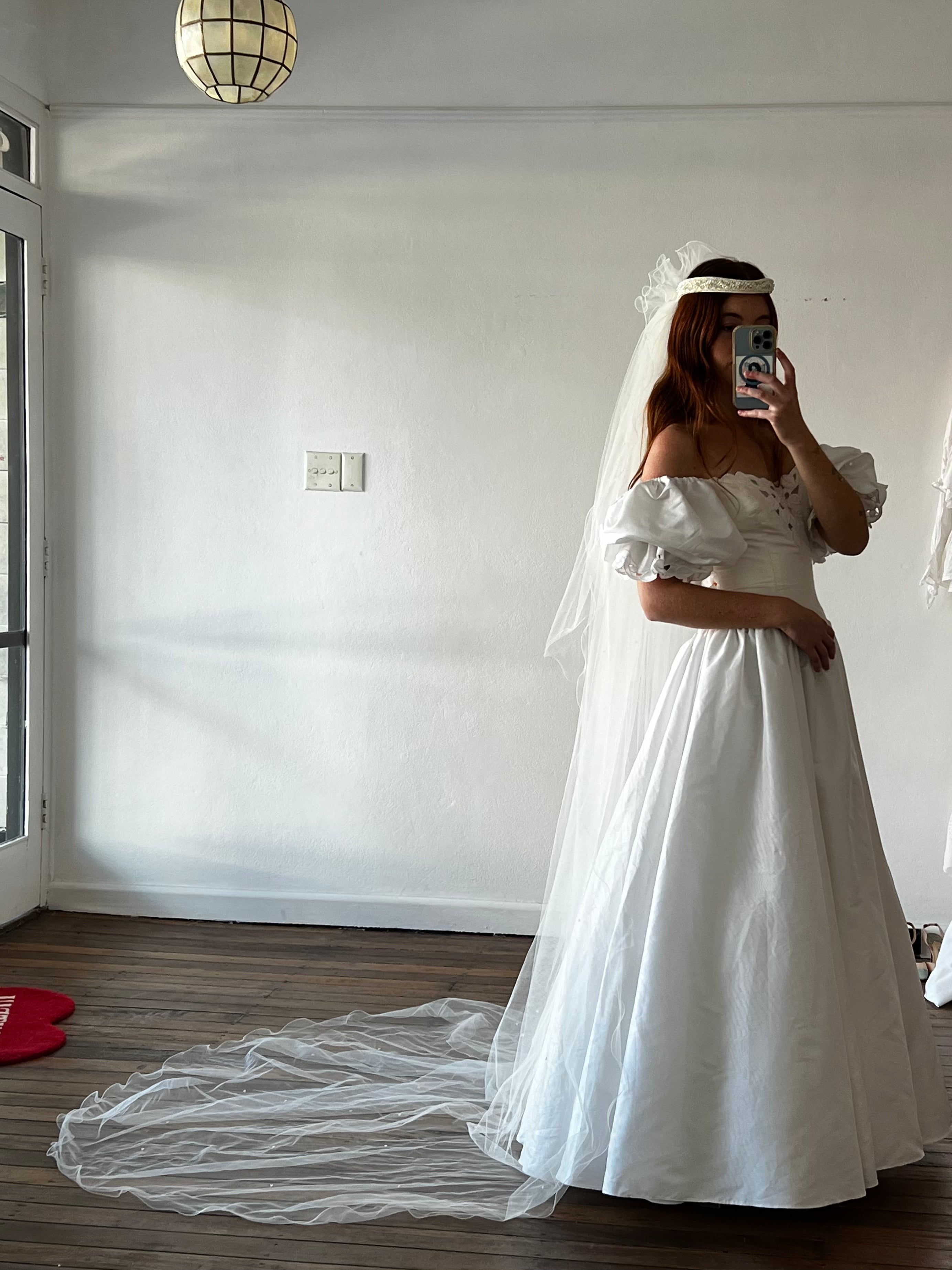 80s Adorned Headpiece Cathedral Veil with Fingertip Blusher
