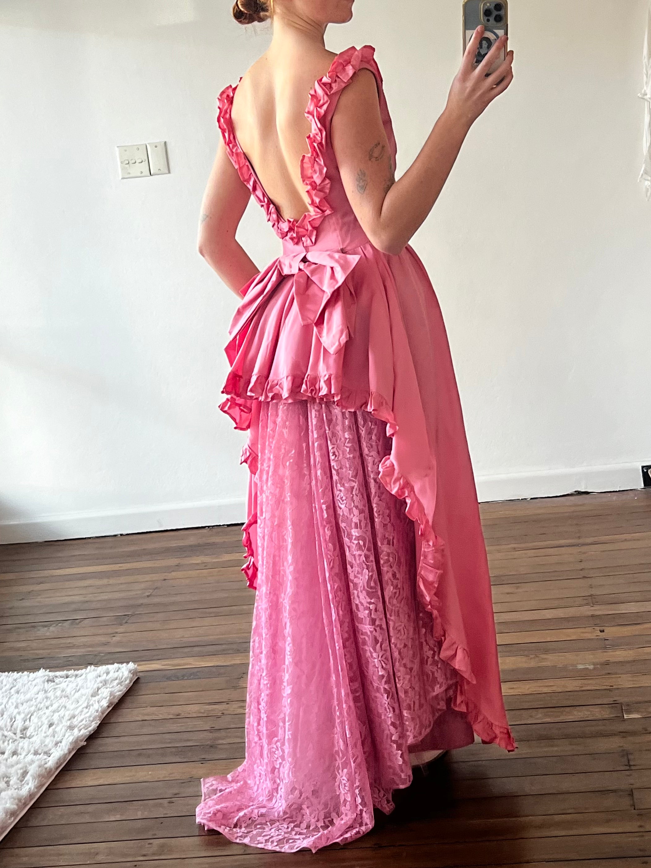 80s Pink Taffeta Lace Bustle Dress