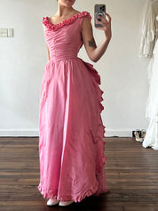 80s Pink Taffeta Lace Bustle Dress