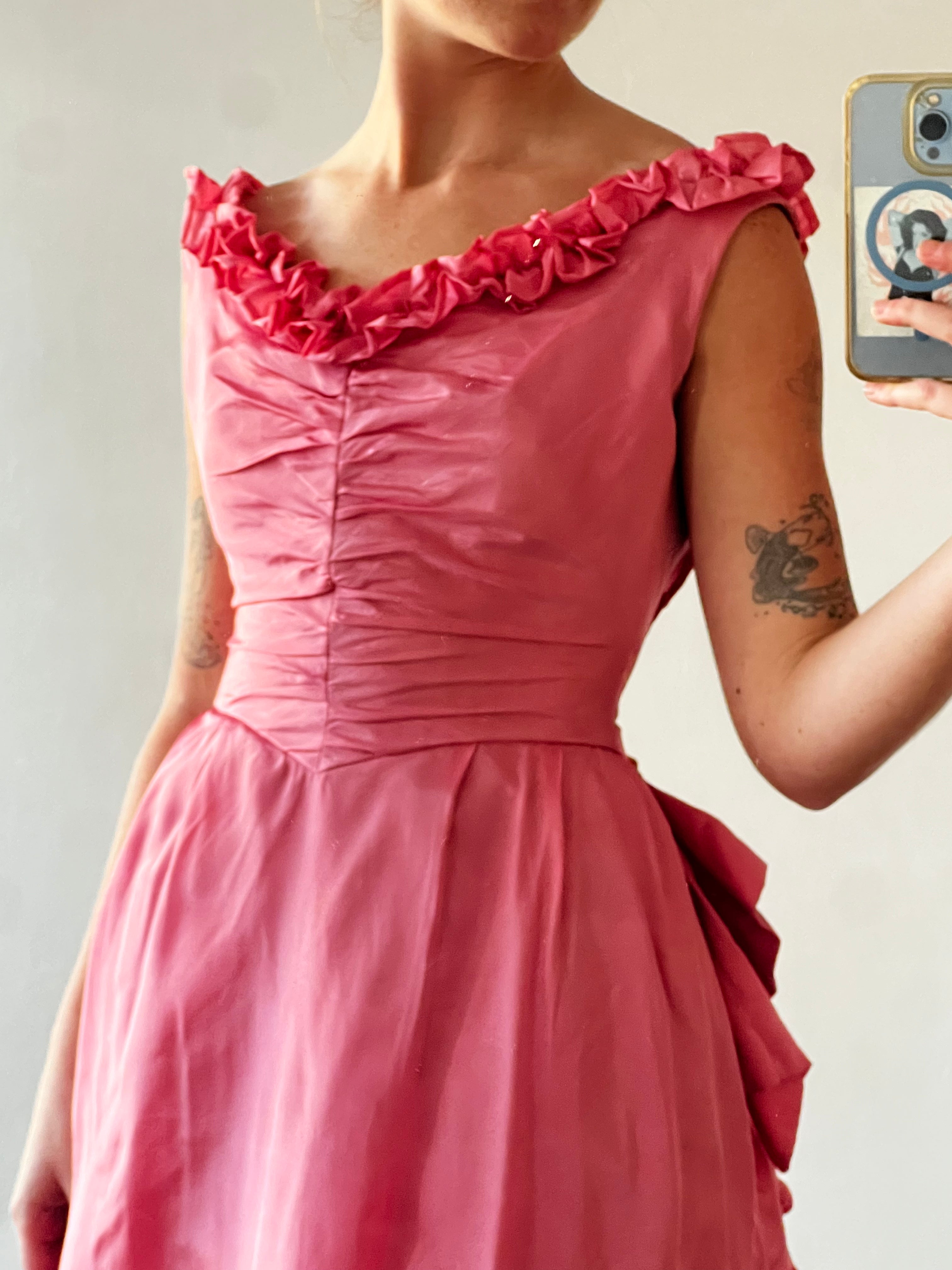 80s Pink Taffeta Lace Bustle Dress