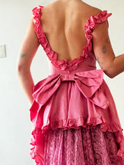 80s Pink Taffeta Lace Bustle Dress