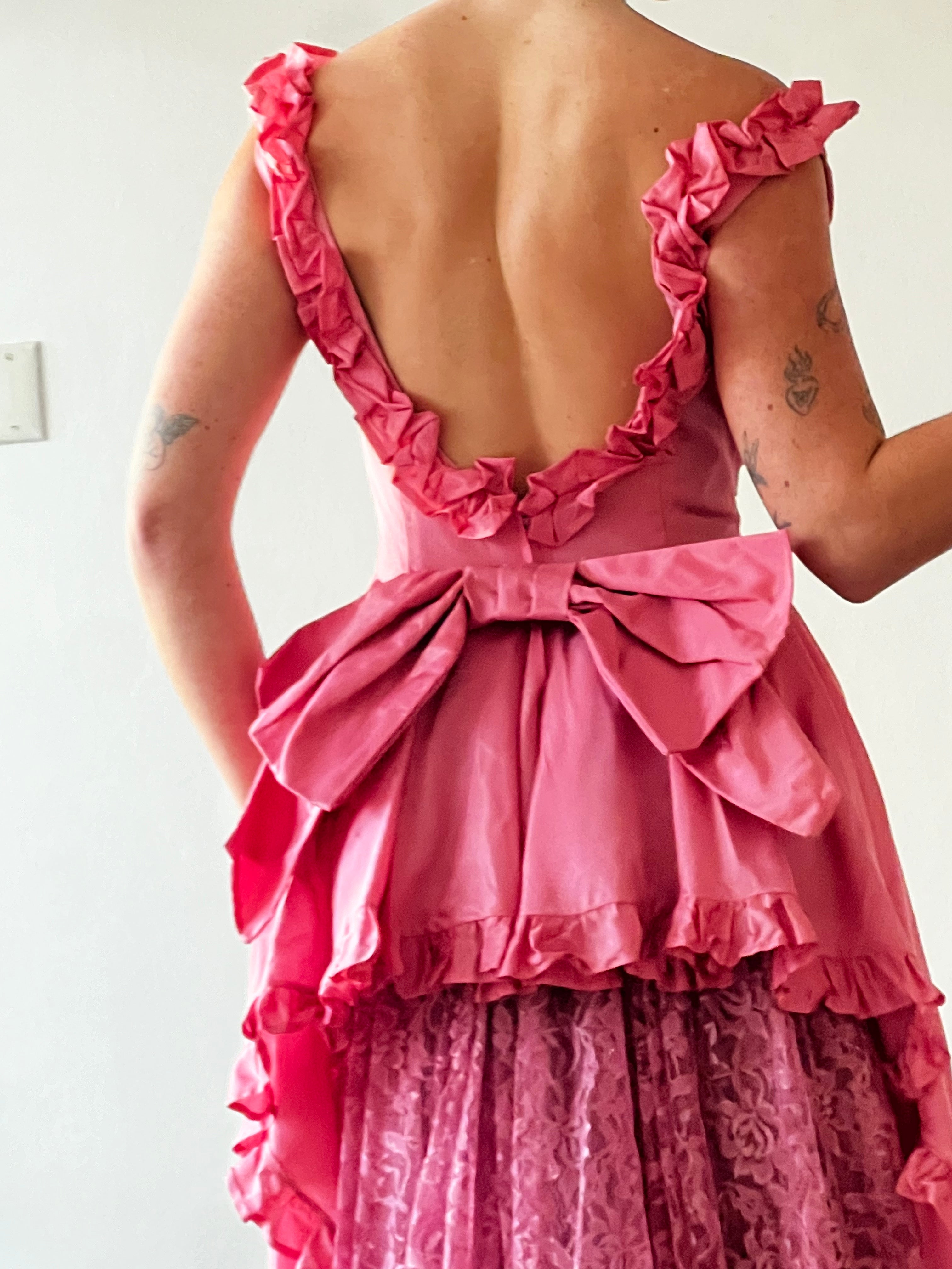 80s Pink Taffeta Lace Bustle Dress
