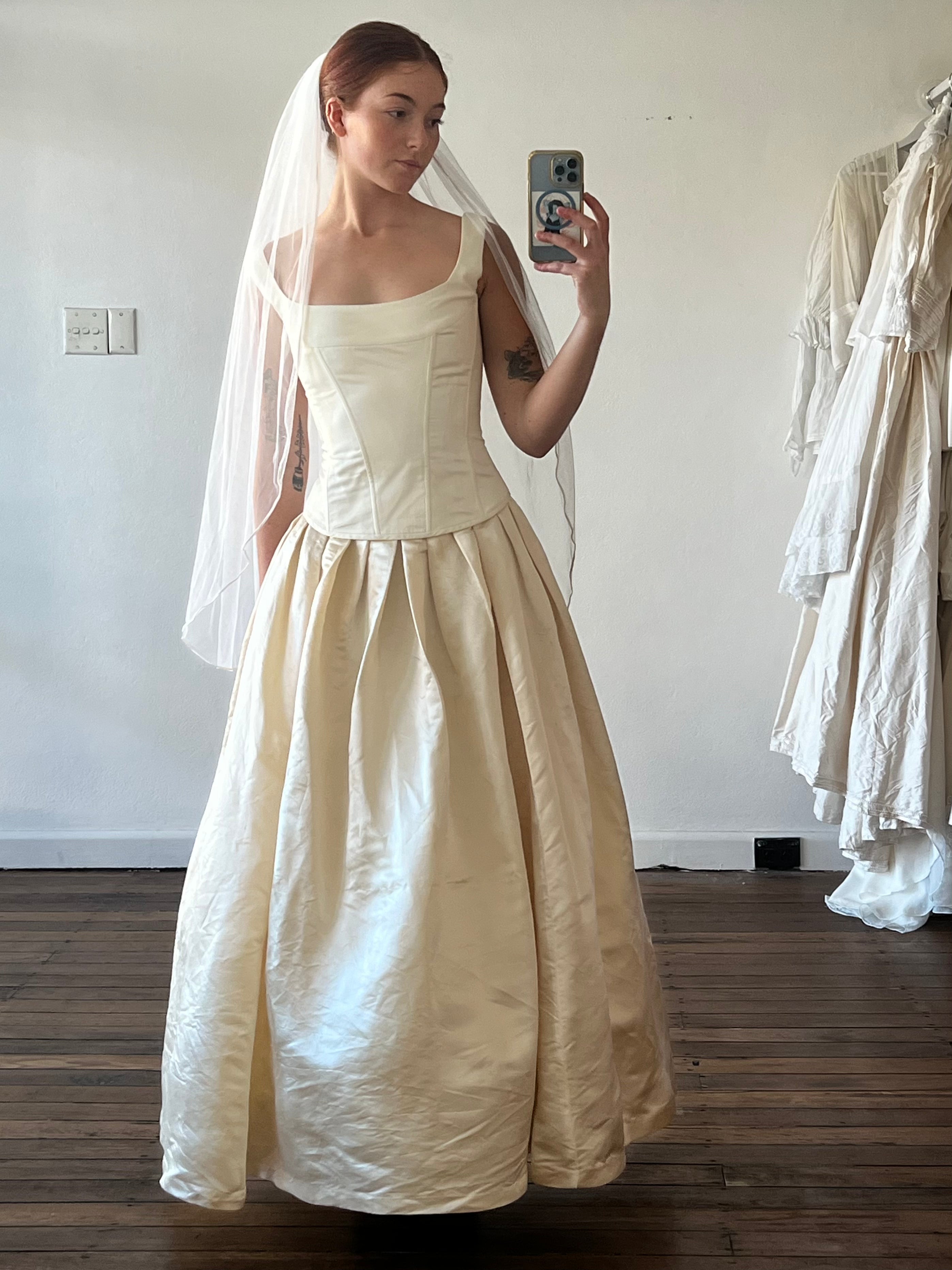 90s Duchess Silk Satin Inverted Pleat Skirt