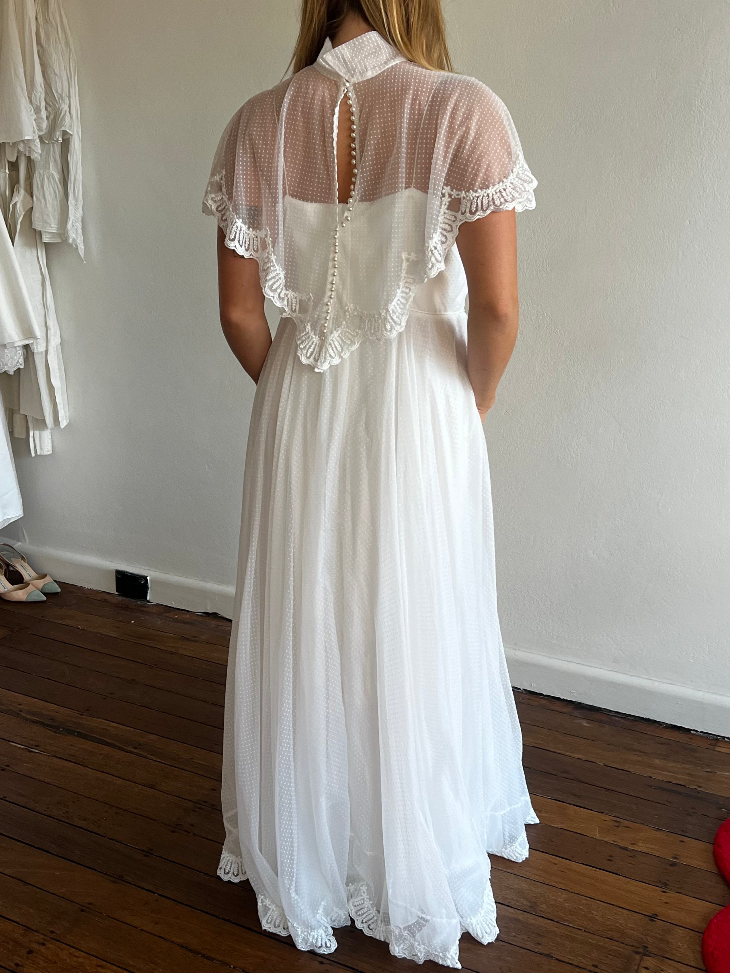 70s Flocked Polka Dot Spaghetti Strap Dress with Cape