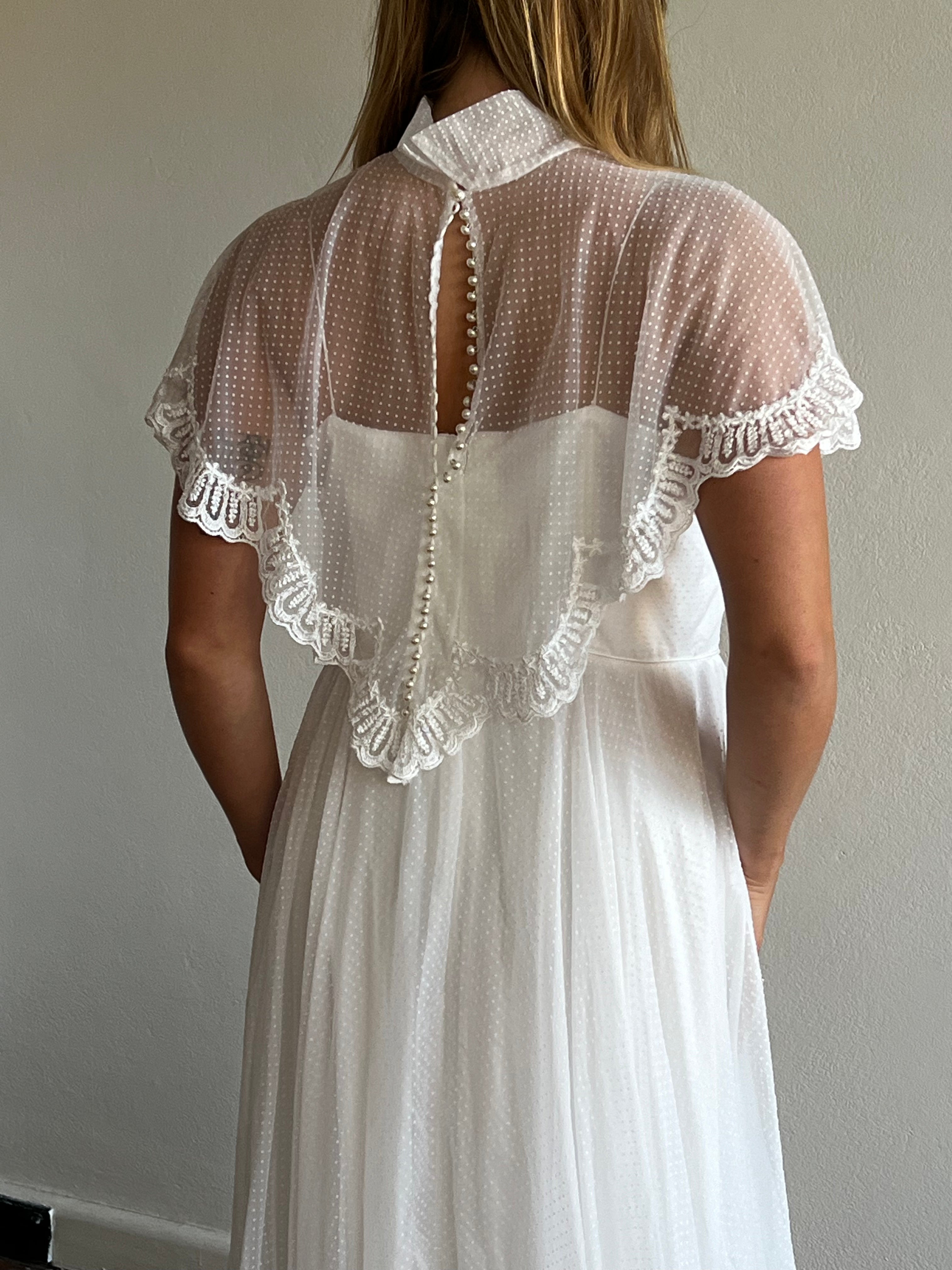 70s Flocked Polka Dot Spaghetti Strap Dress with Cape