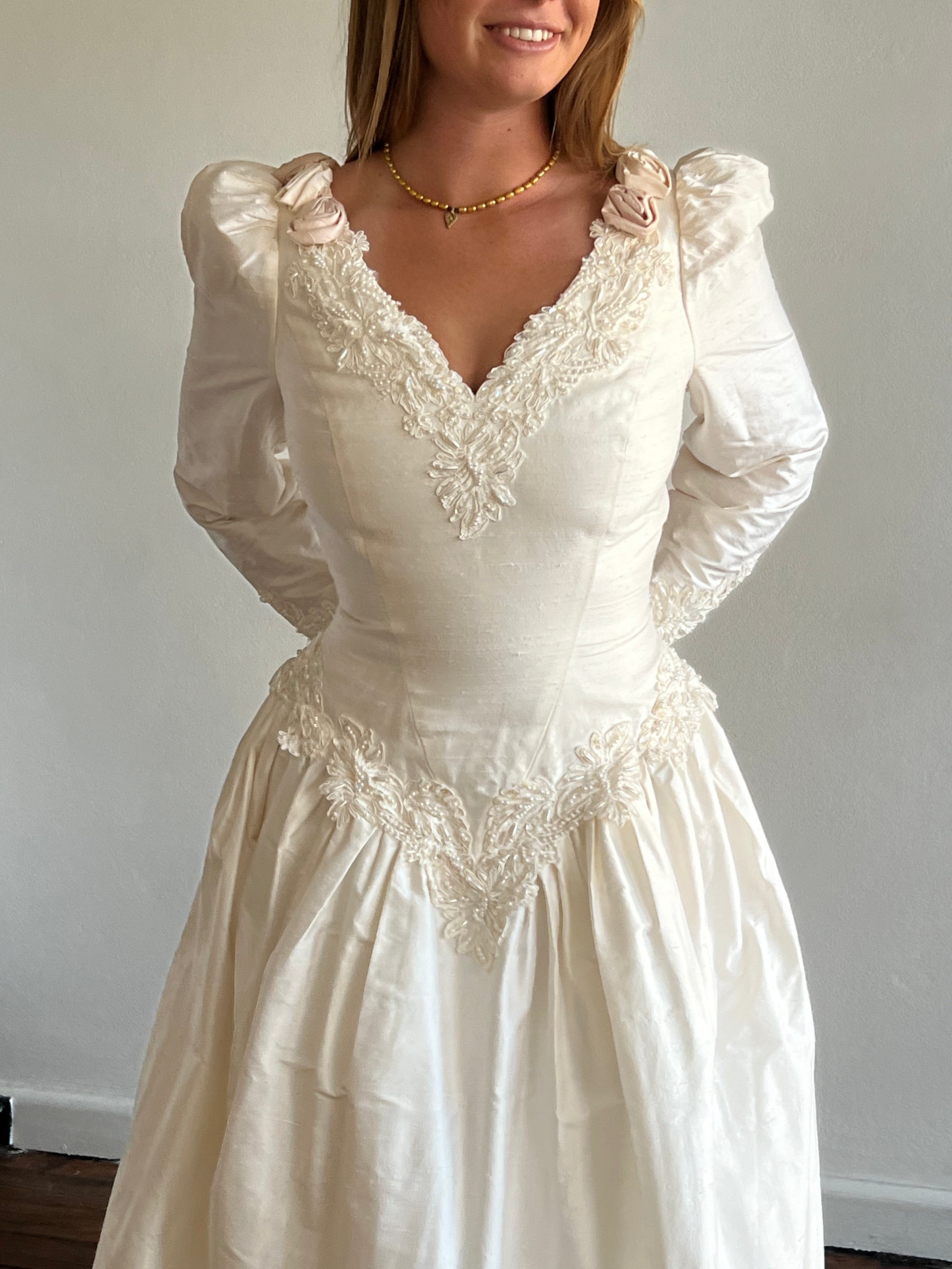 90s Silk Dupion Long Sleeve Rosette Dress