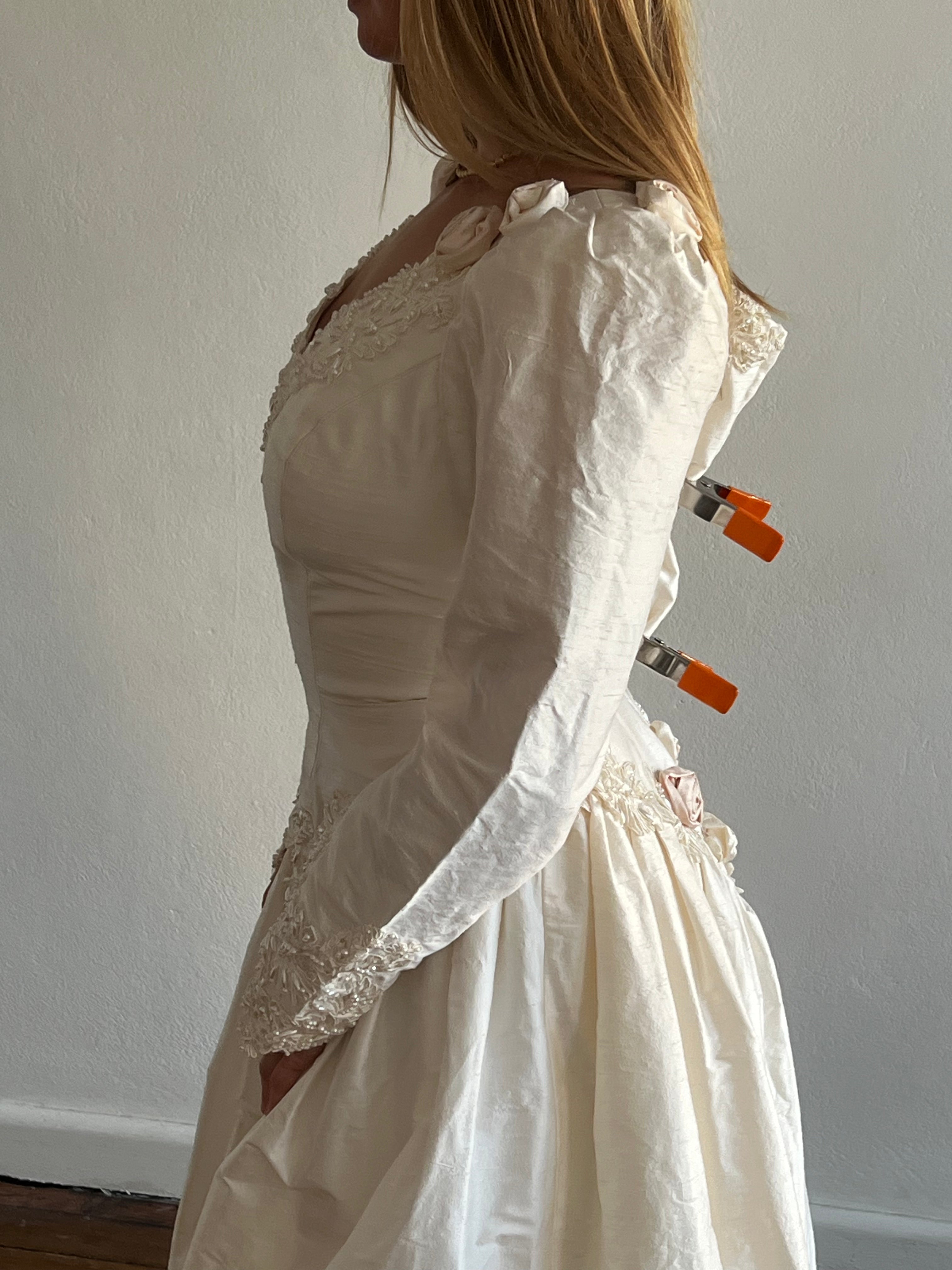 90s Silk Dupion Long Sleeve Rosette Dress