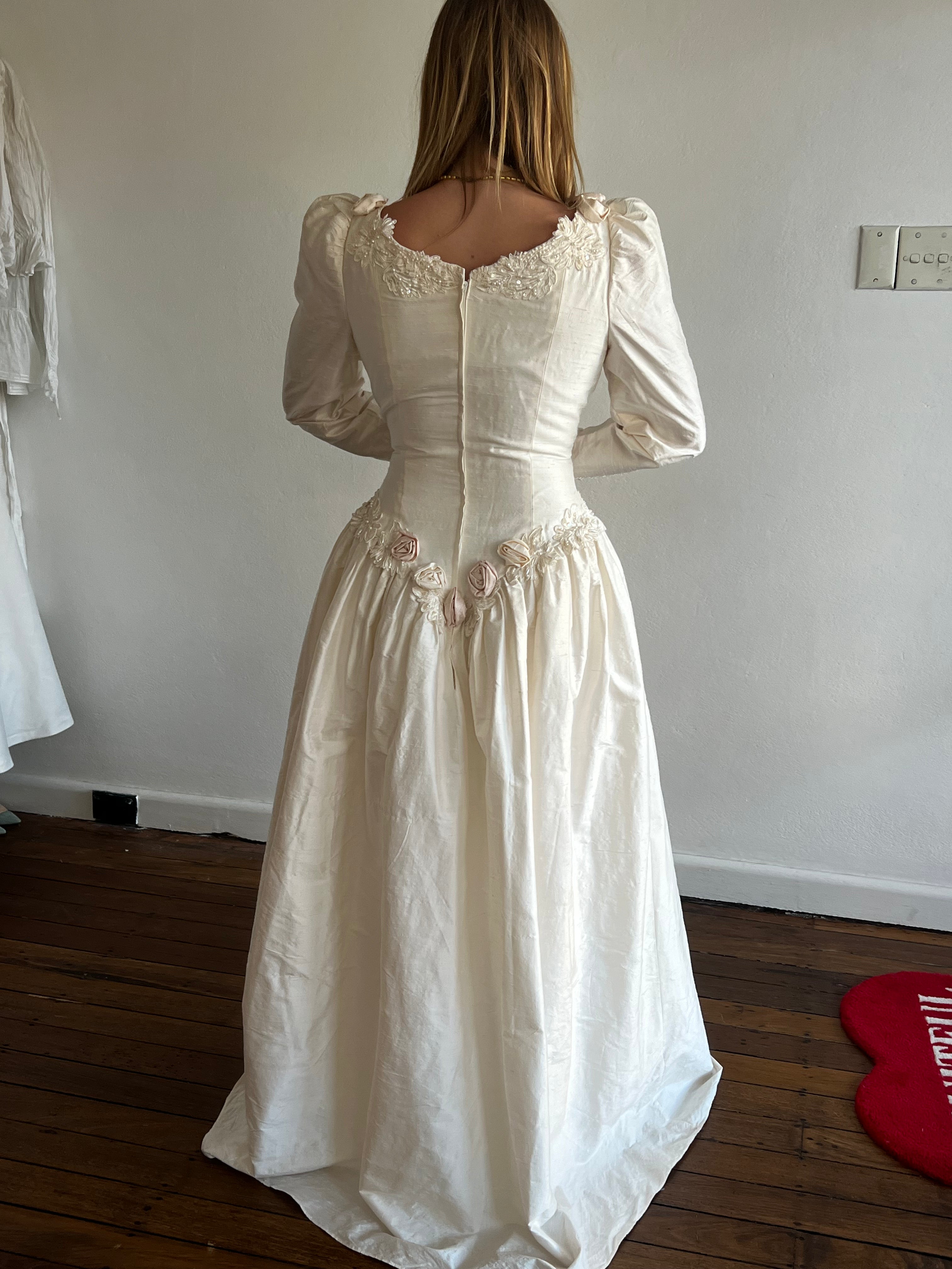 90s Silk Dupion Long Sleeve Rosette Dress