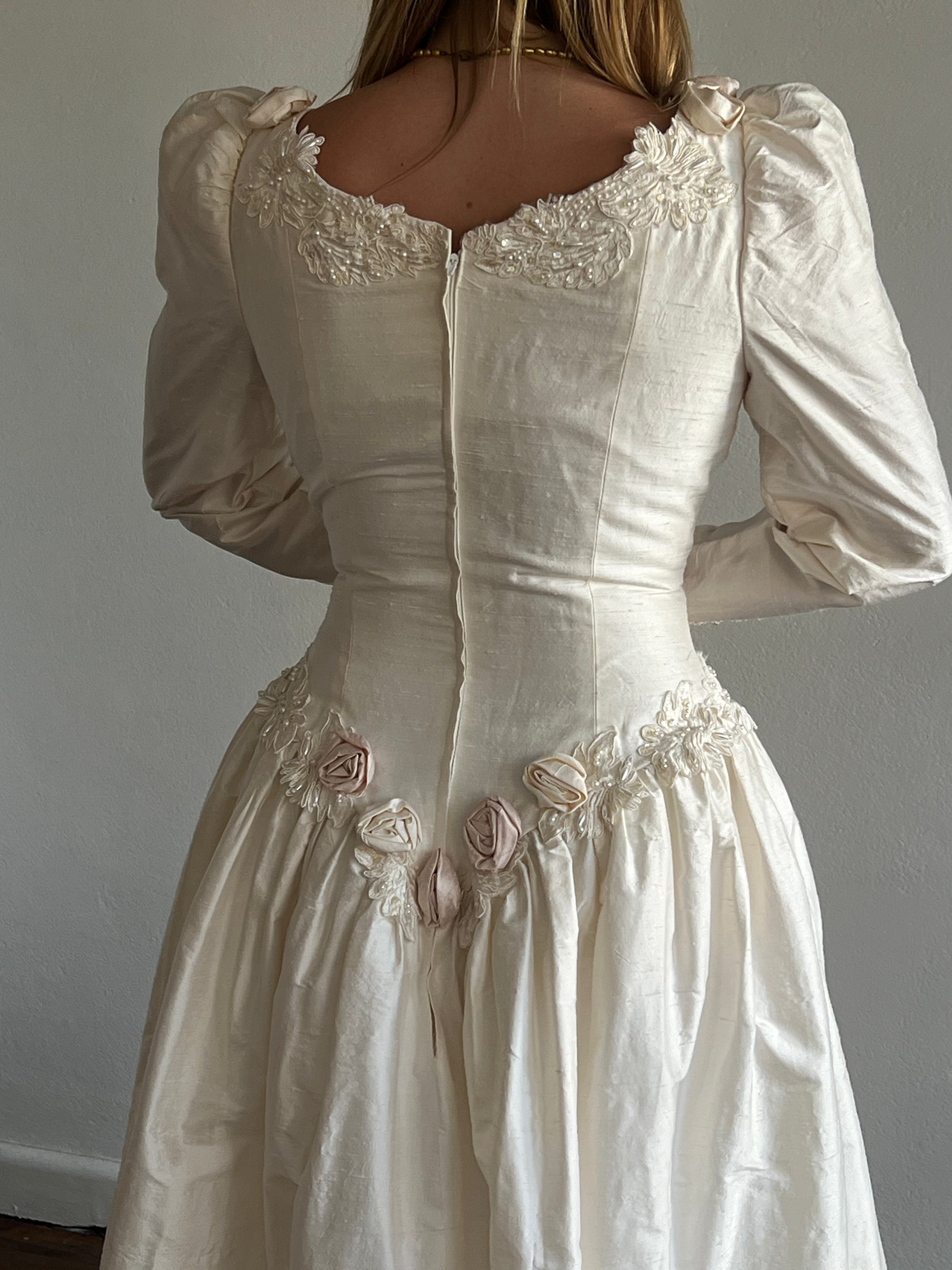 90s Silk Dupion Long Sleeve Rosette Dress
