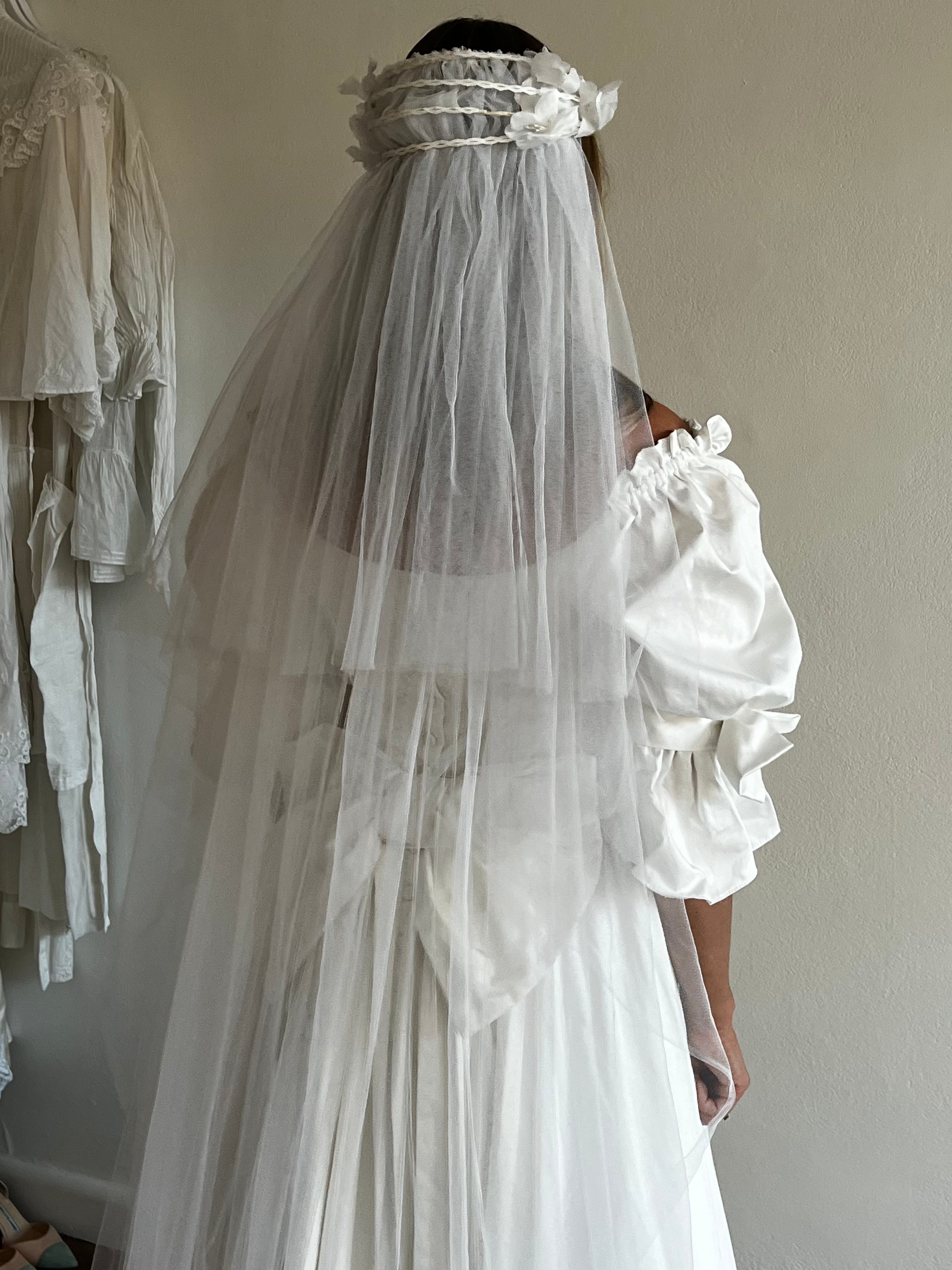 80s does 20s Juliet Cap Tulle Cathedral Veil