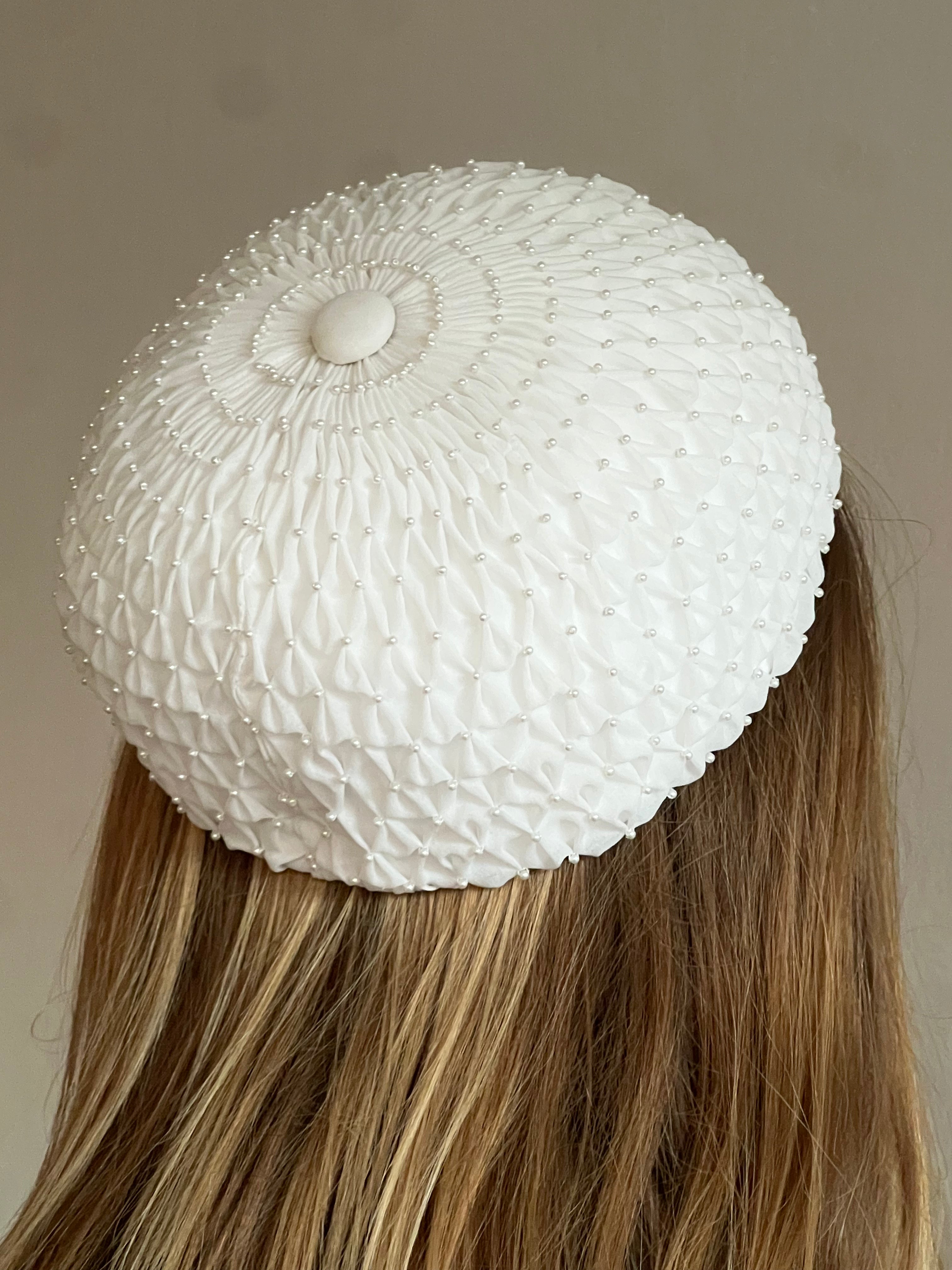 60s Beaded Smocked Silk Chiffon Bridal Hat