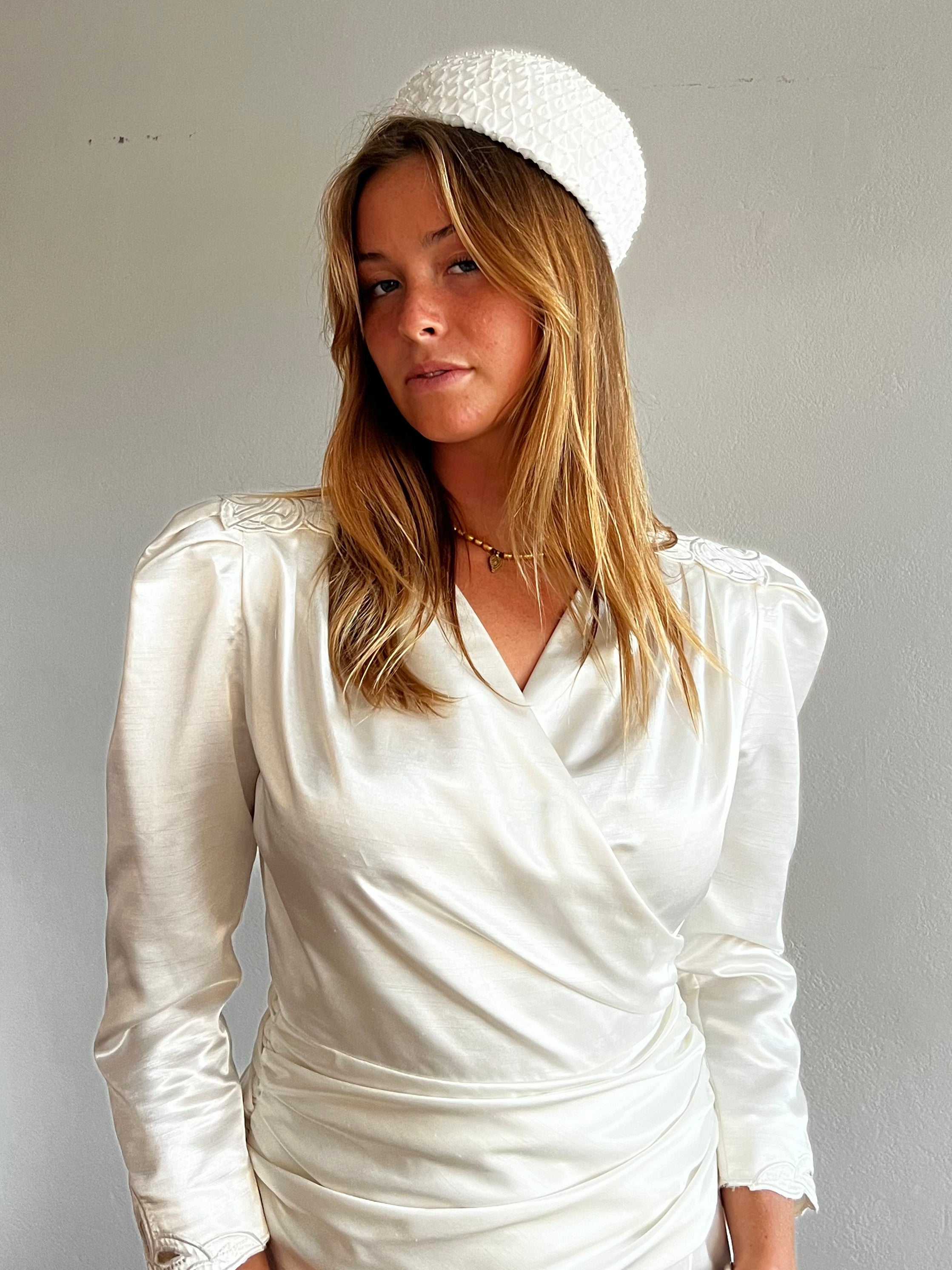 60s Beaded Smocked Silk Chiffon Bridal Hat