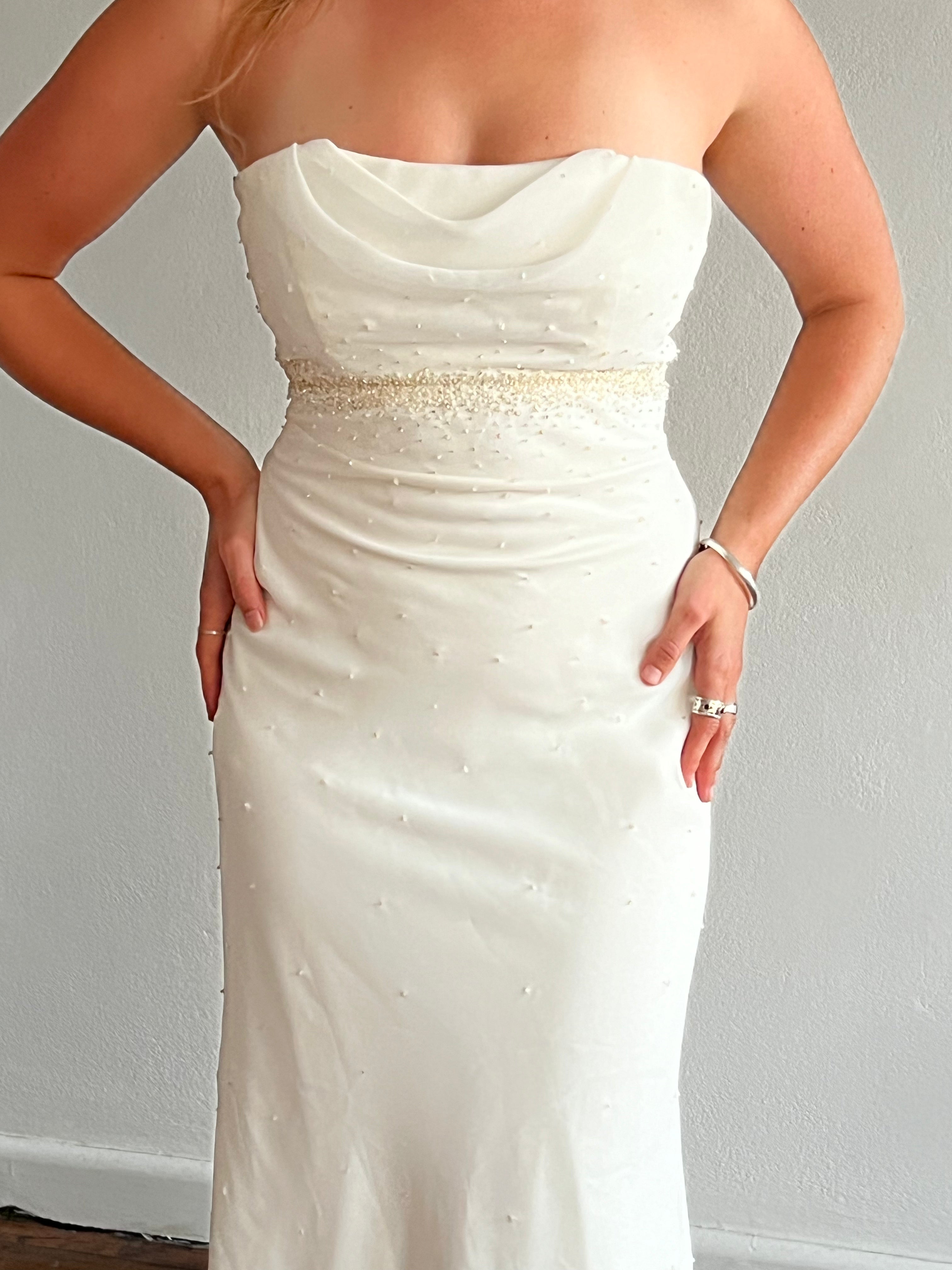 2000s Bella Donna Strapless Beaded Chiffon Mermaid Dress