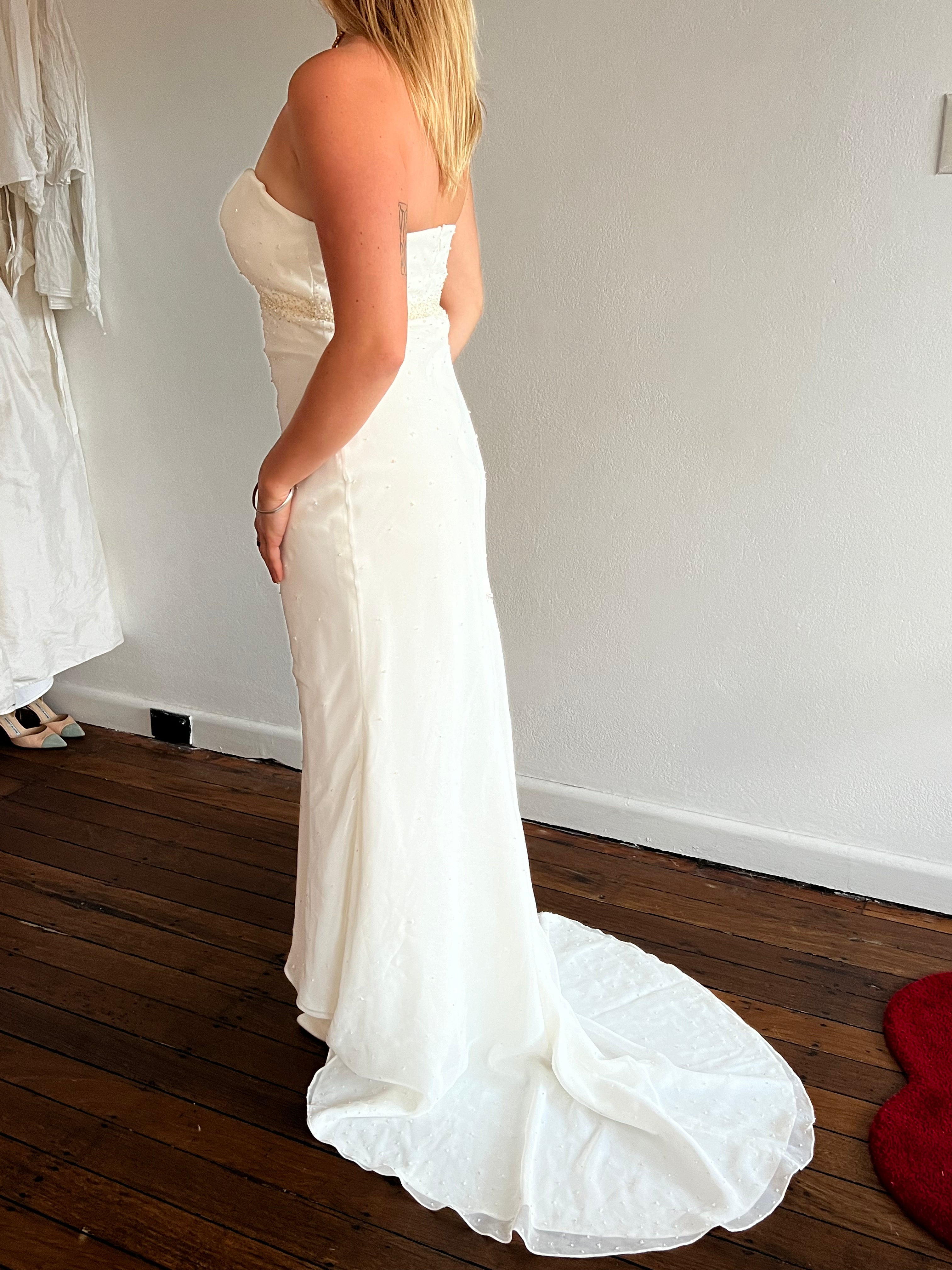 2000s Bella Donna Strapless Beaded Chiffon Mermaid Dress