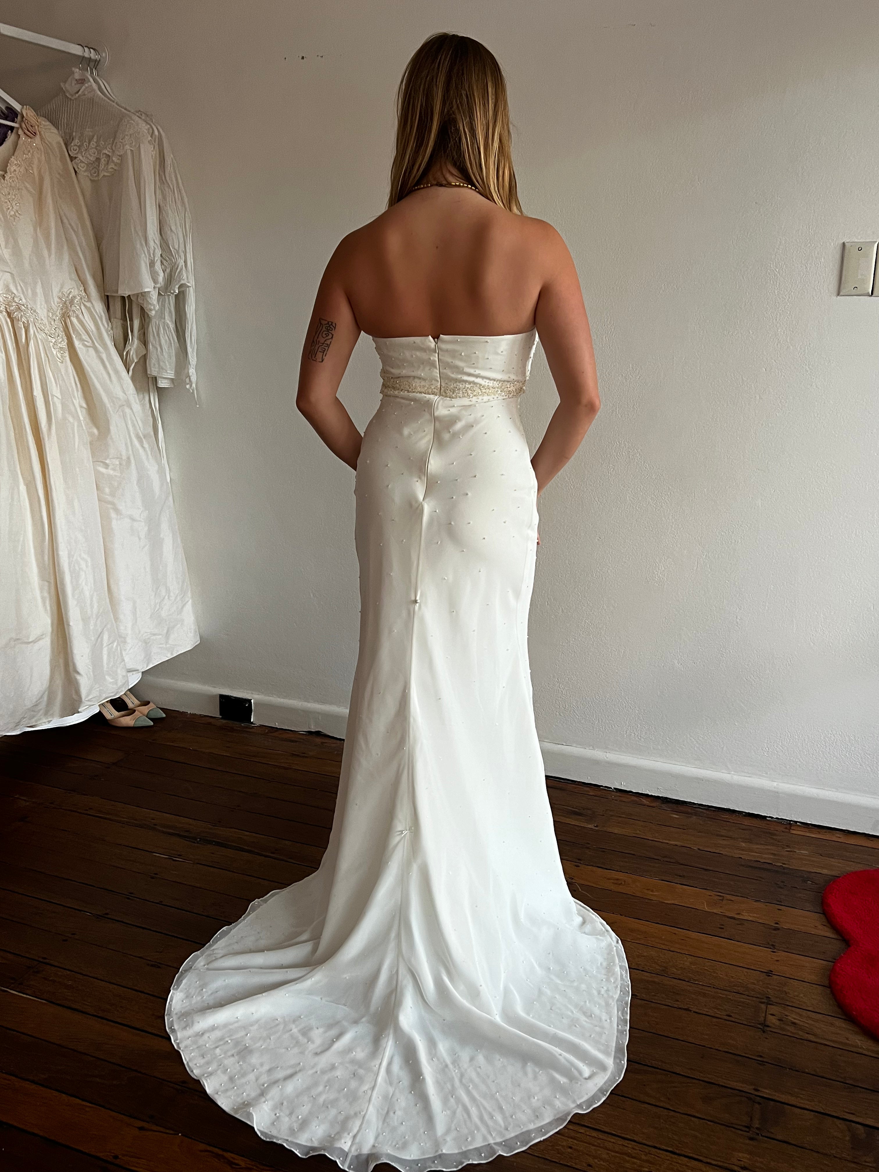 2000s Bella Donna Strapless Beaded Chiffon Mermaid Dress