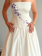90s Lilac Floral Applique Strapless Satin Corset