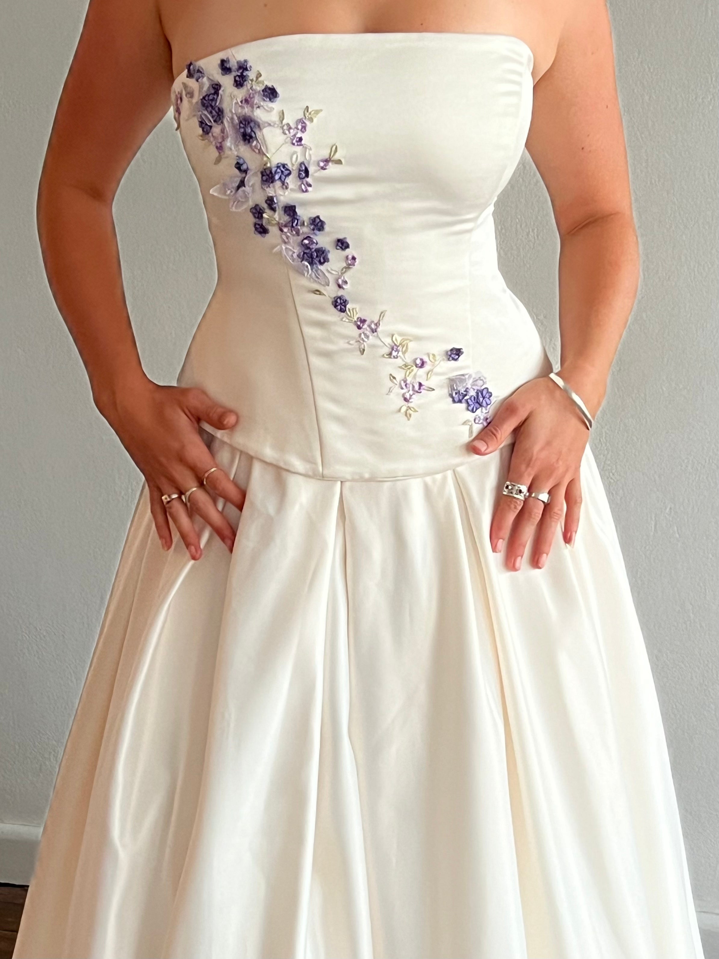 90s Lilac Floral Applique Strapless Satin Corset