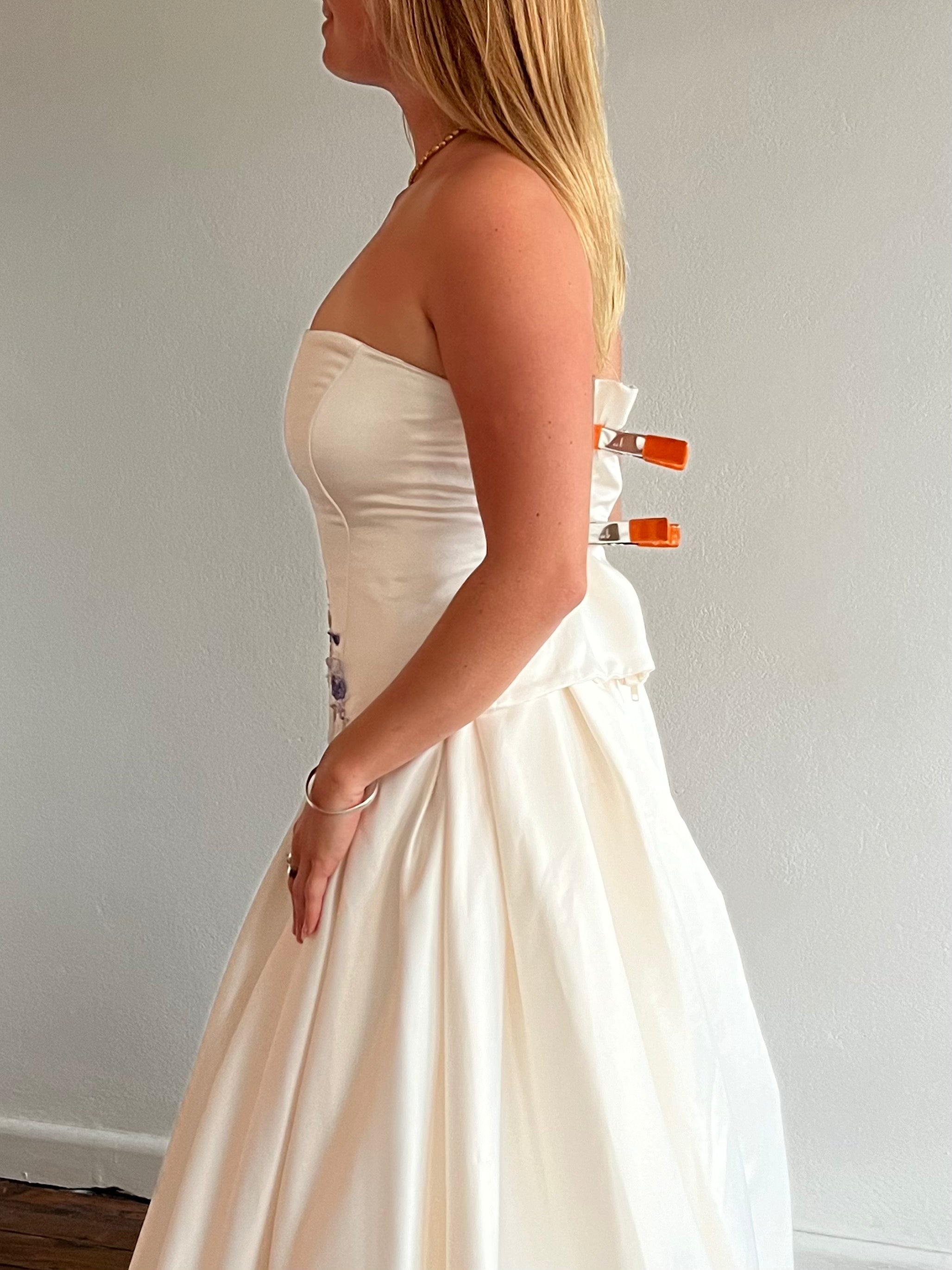 90s Lilac Floral Applique Strapless Satin Corset