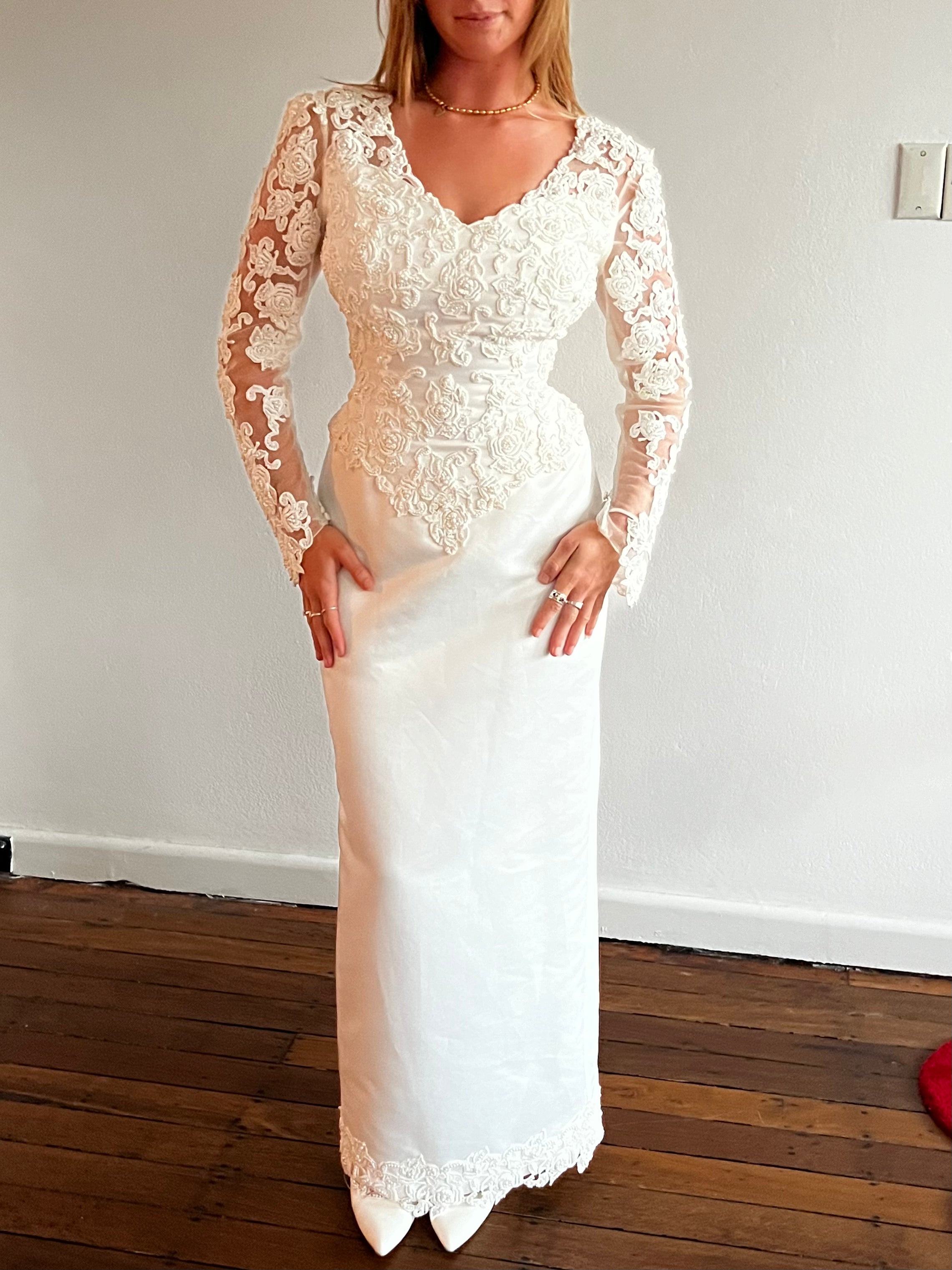 90s Beaded Lace Bodice Basque Waist Column Dress