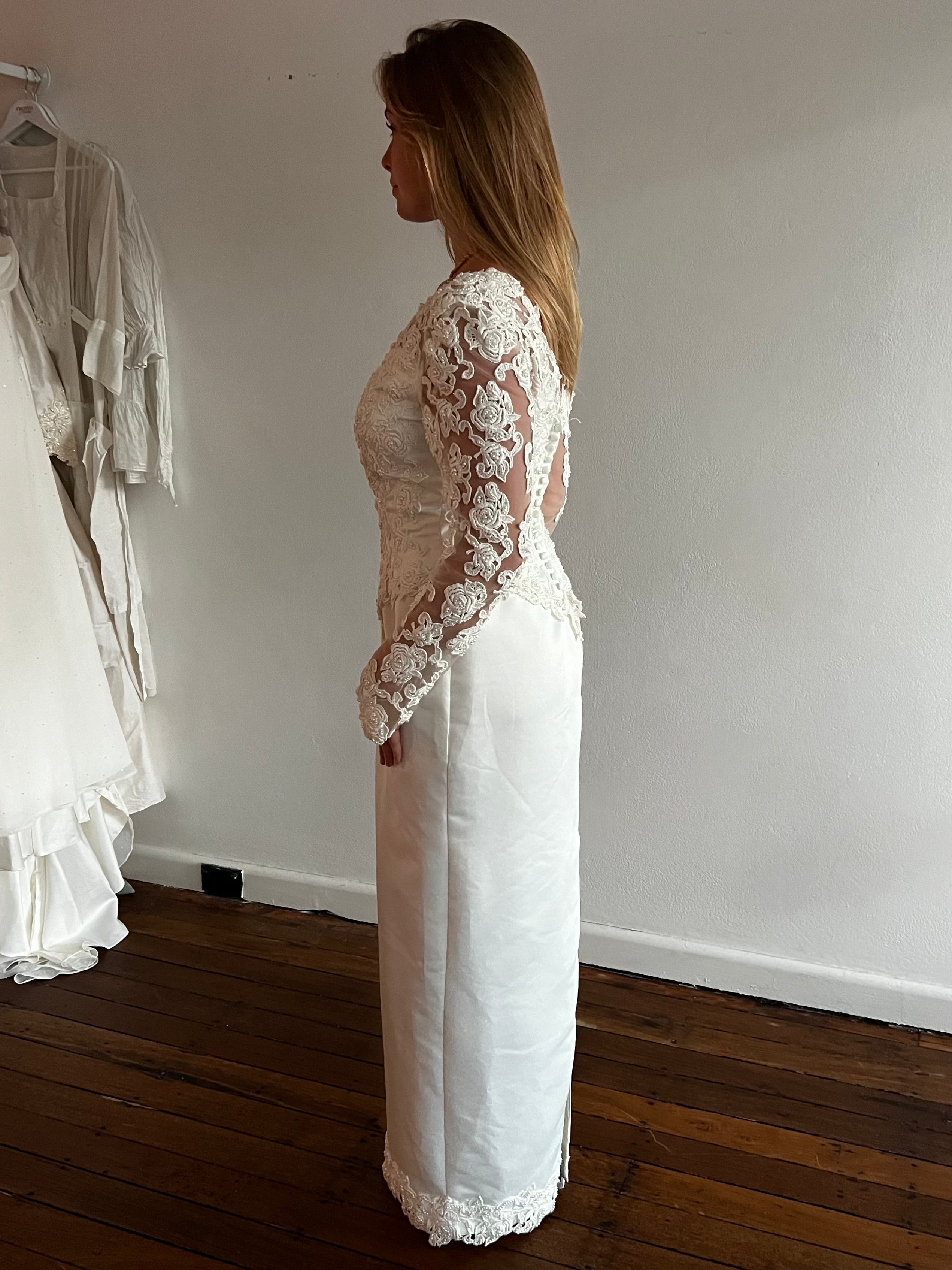 90s Beaded Lace Bodice Basque Waist Column Dress
