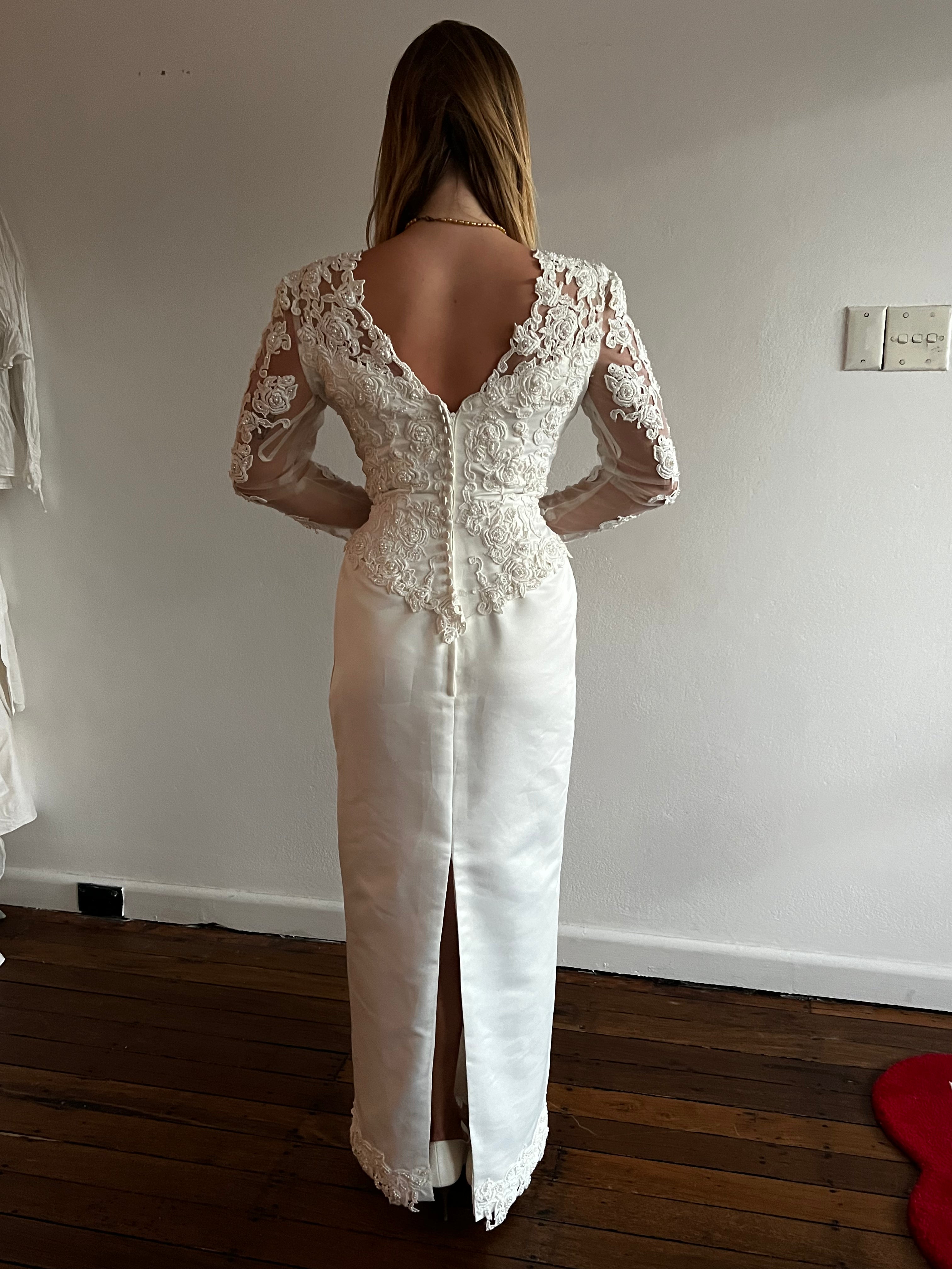 90s Beaded Lace Bodice Basque Waist Column Dress