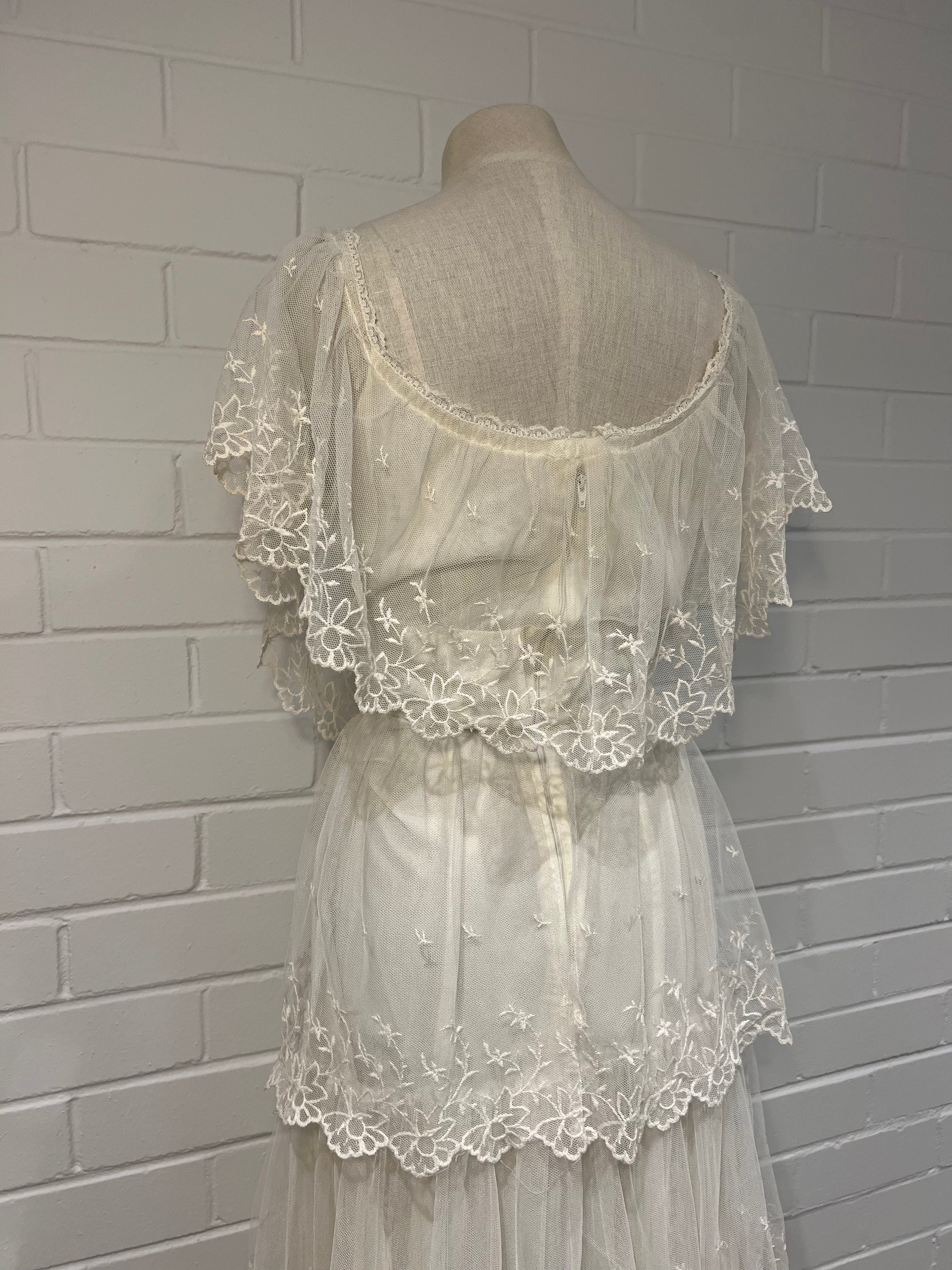 1970s Tiered Embroidered Lace Fairy Dress Fruitful Bridal 1970s Tiered Embroidered Lace Fairy Dress Fruitful Bridal