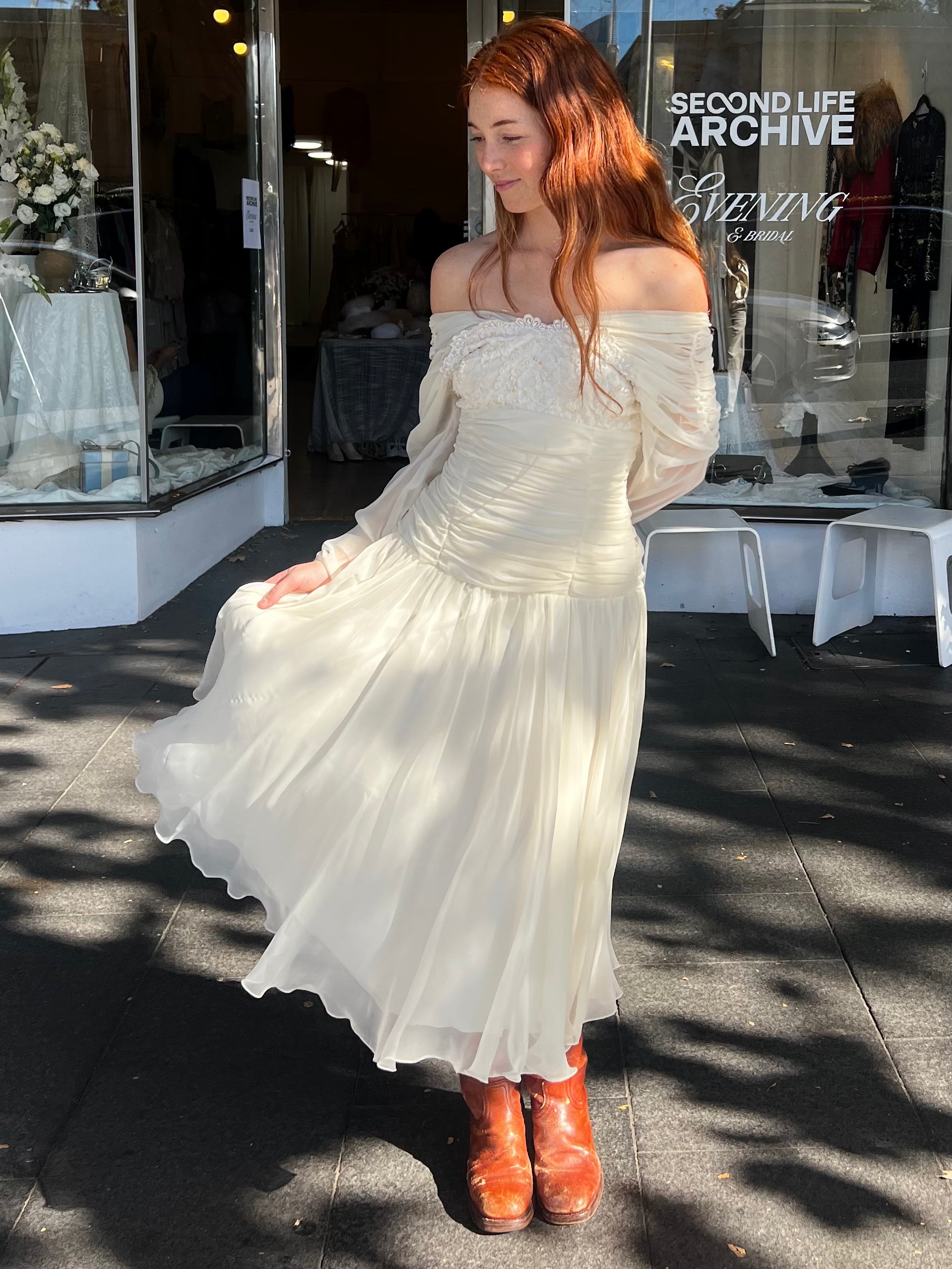 80s Chiffon Drop Waist Lace Empire Bust Midi