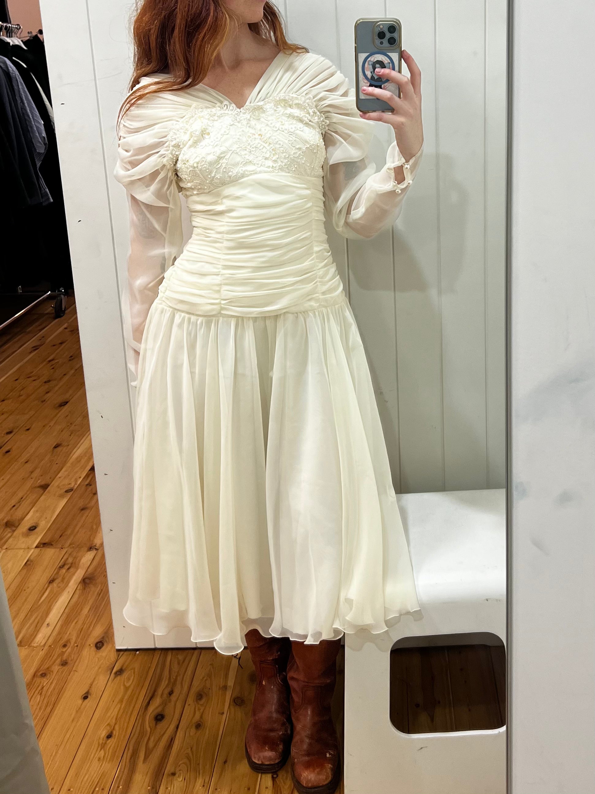 80s Chiffon Drop Waist Lace Empire Bust Midi