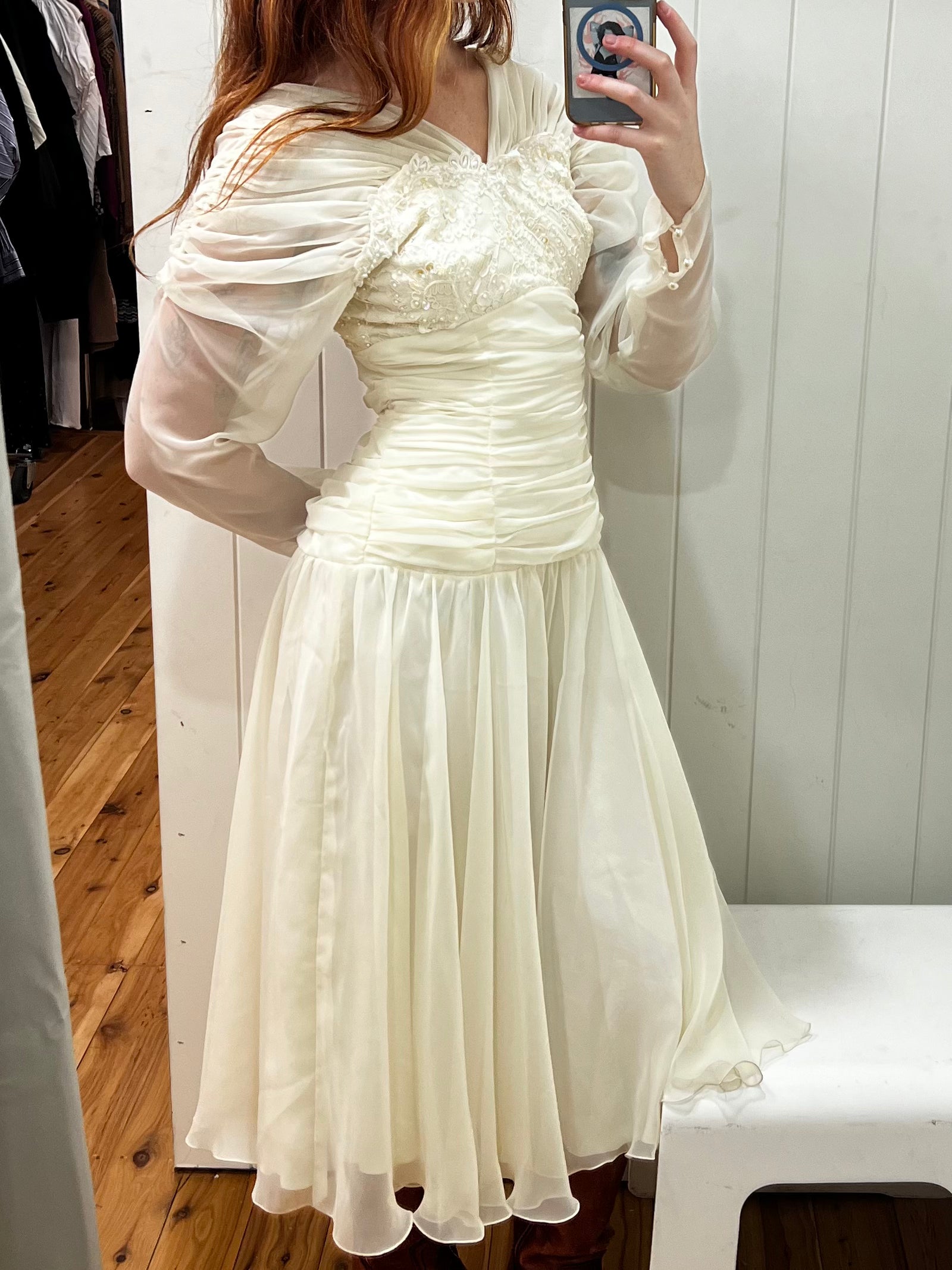 80s Chiffon Drop Waist Lace Empire Bust Midi