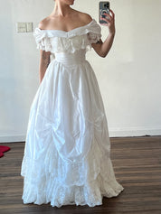 80s Tiered Ruched Lace Off-the-shoulder Dress