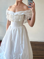 80s Tiered Ruched Lace Off-the-shoulder Dress