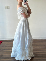 80s Tiered Ruched Lace Off-the-shoulder Dress