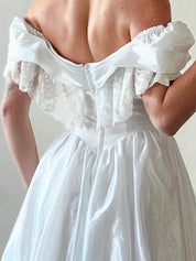 80s Tiered Ruched Lace Off-the-shoulder Dress